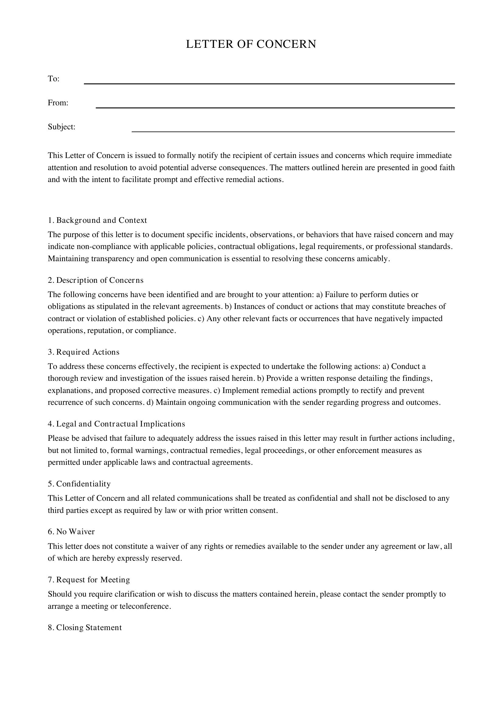 Letter Of Concern Template - US