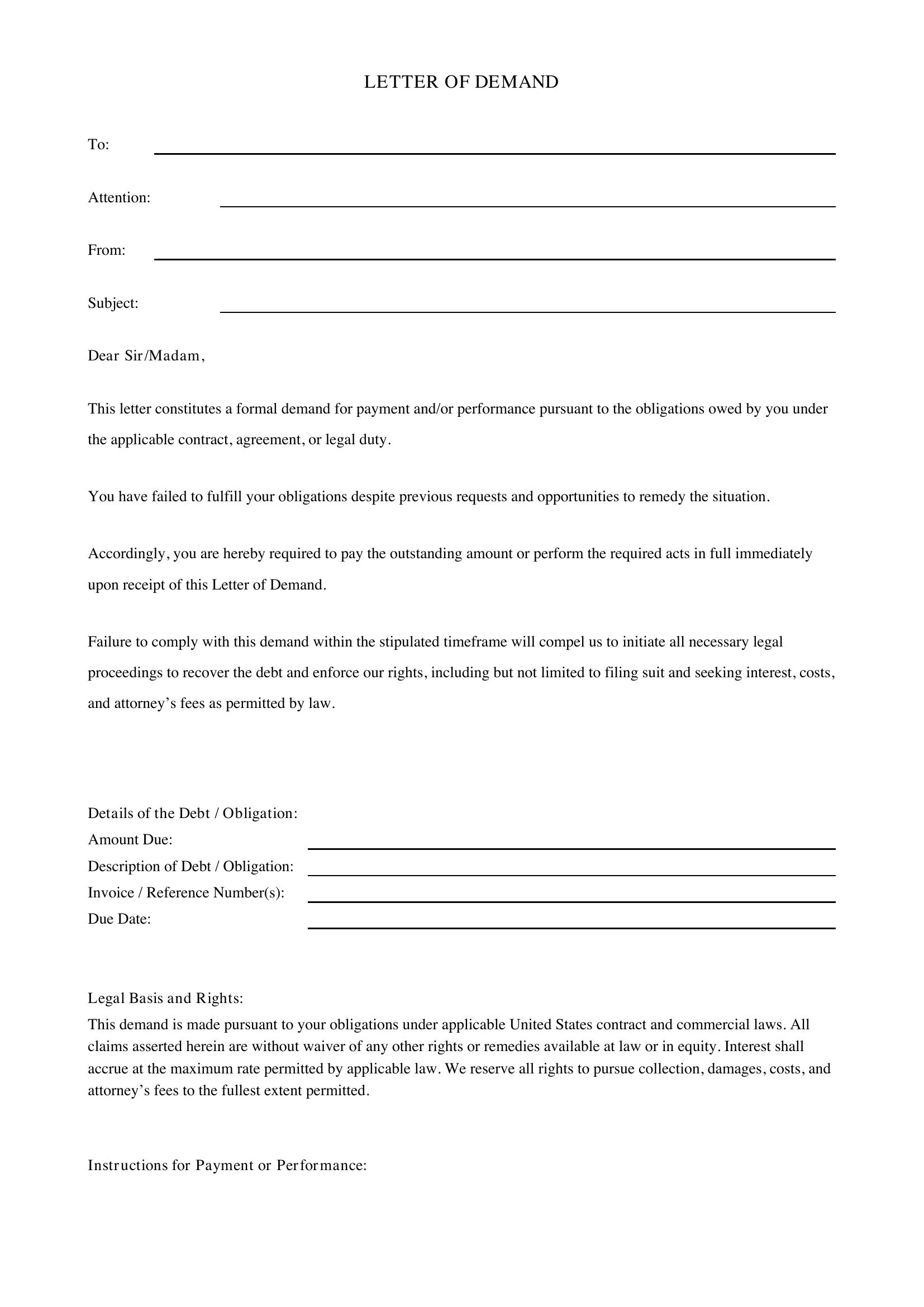 Letter Of Demand Template - US