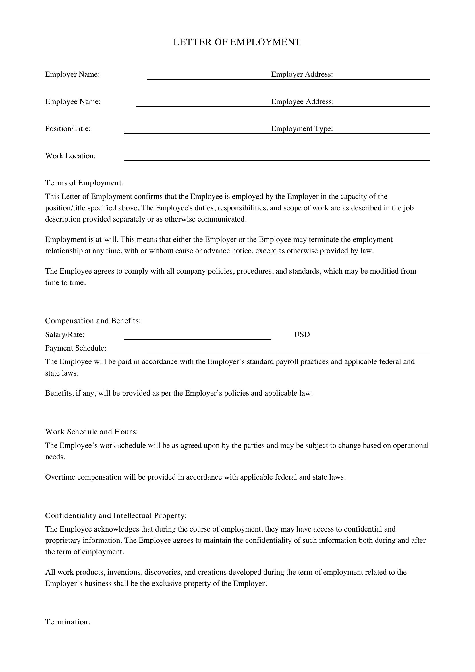 Letter Of Employment Template - US