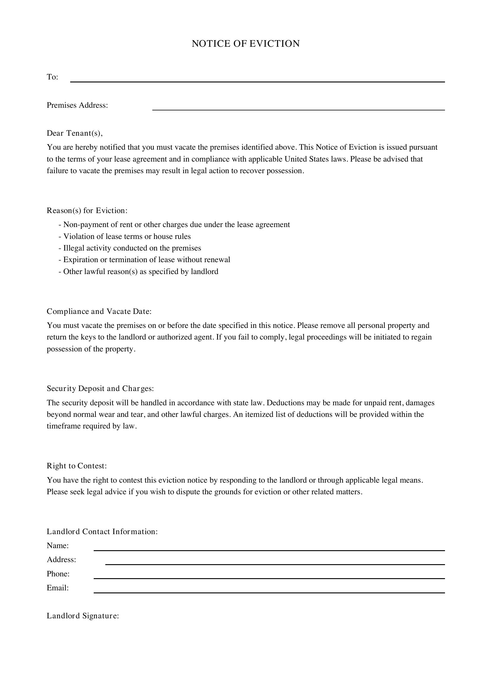 Letter Of Eviction Template - US