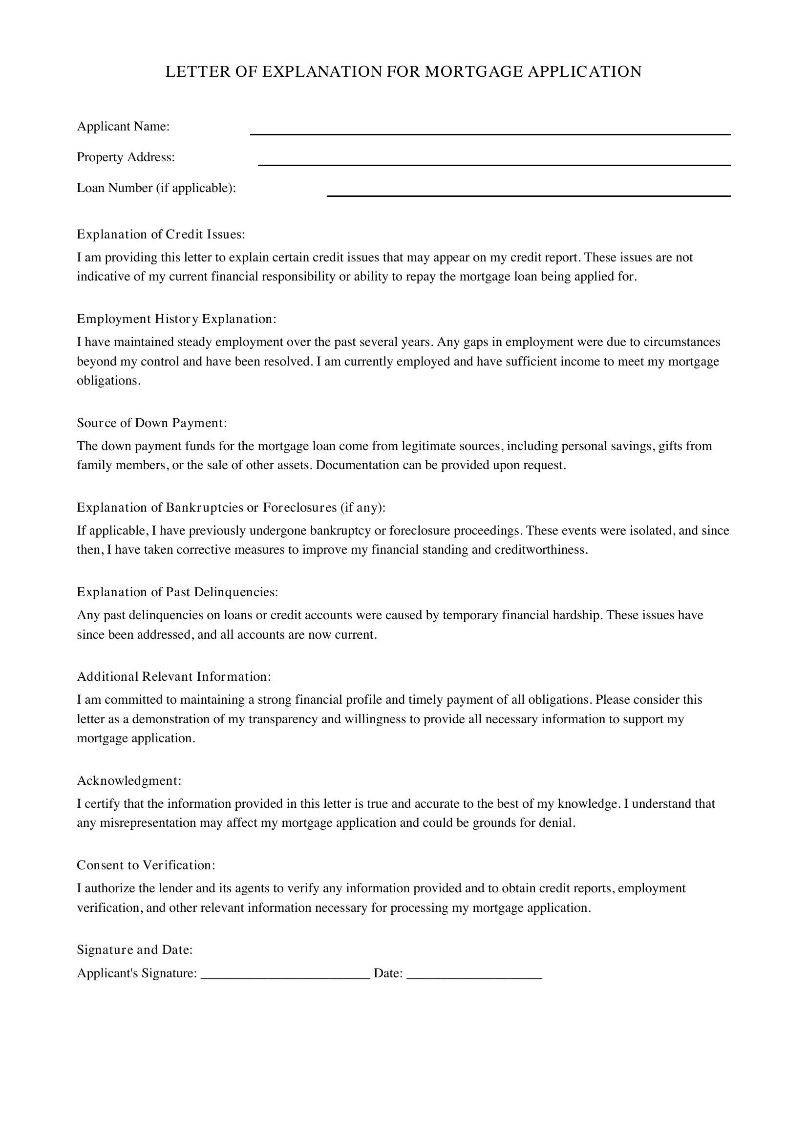 Letter Of Explanation Mortgage Template - US