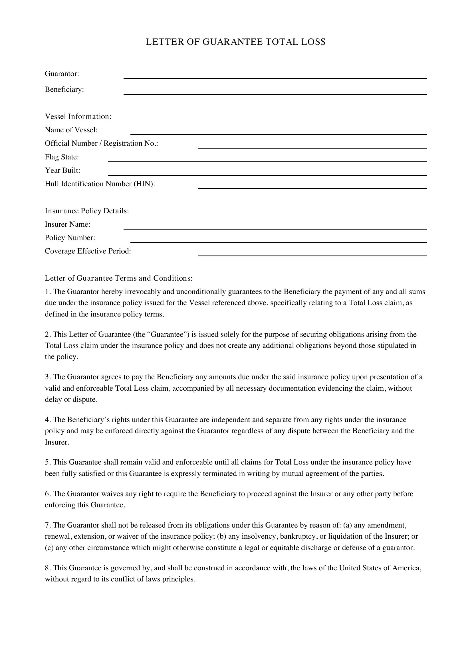 Letter Of Guarantee Total Loss Template - US