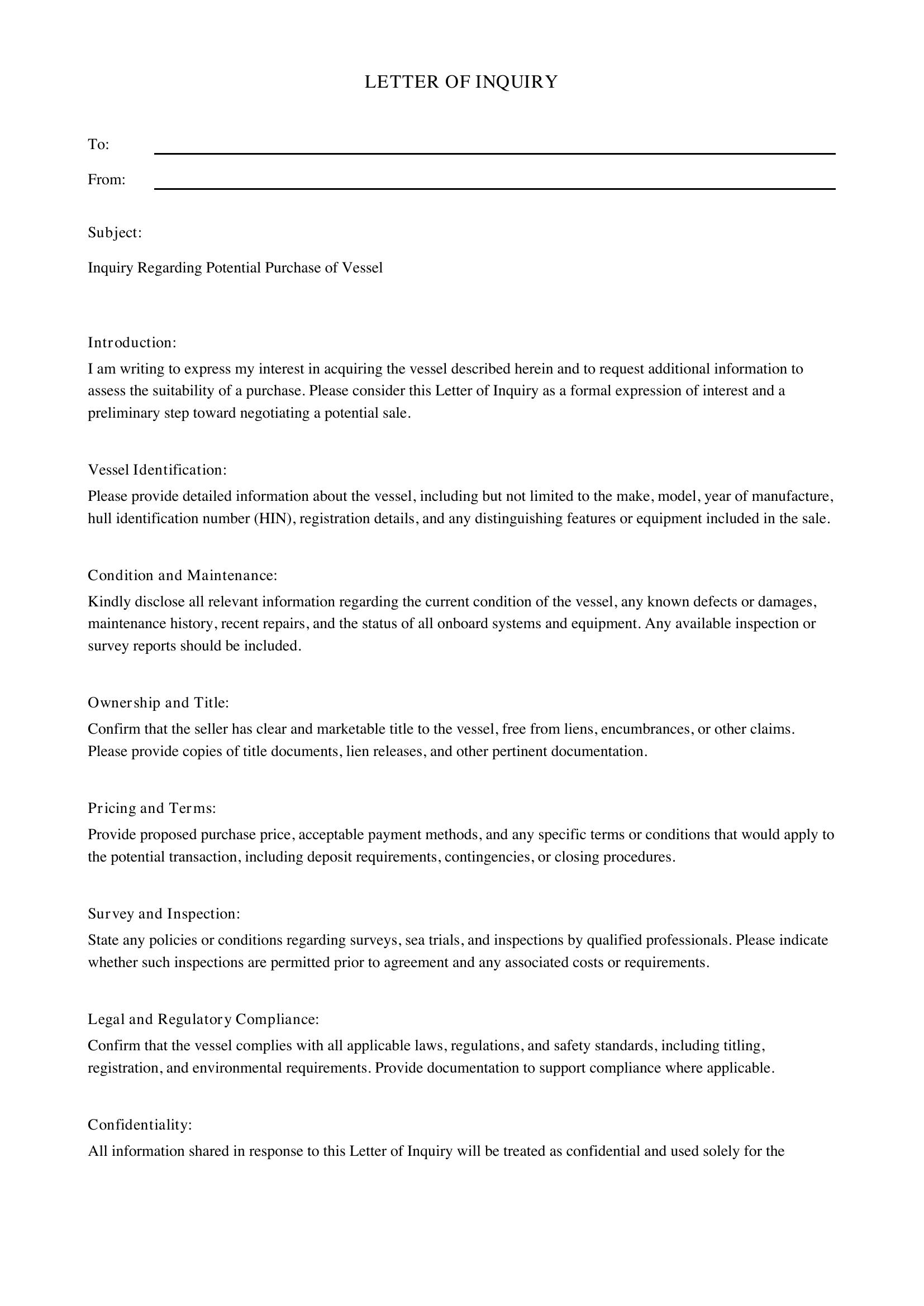 Letter Of Inquiry Template - US