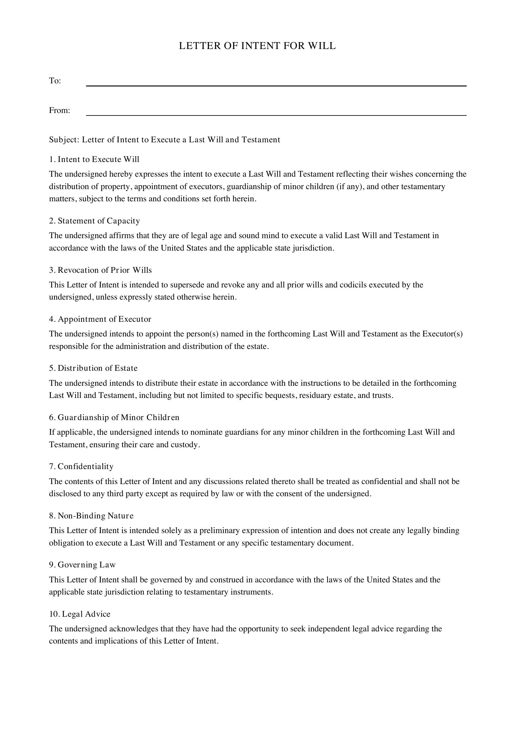Letter Of Intent For Will Template - US