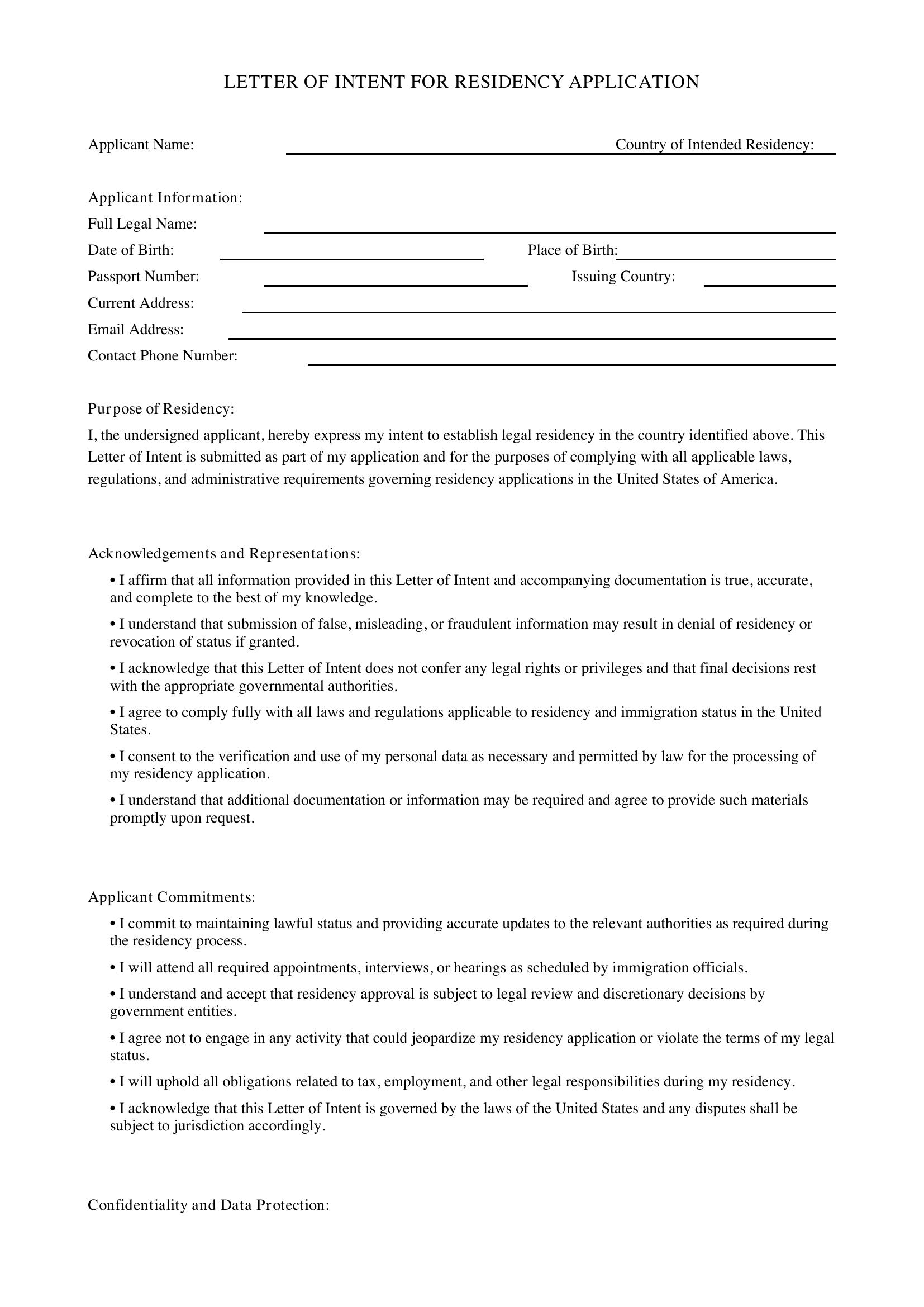 Letter Of Intent Residency Template - US