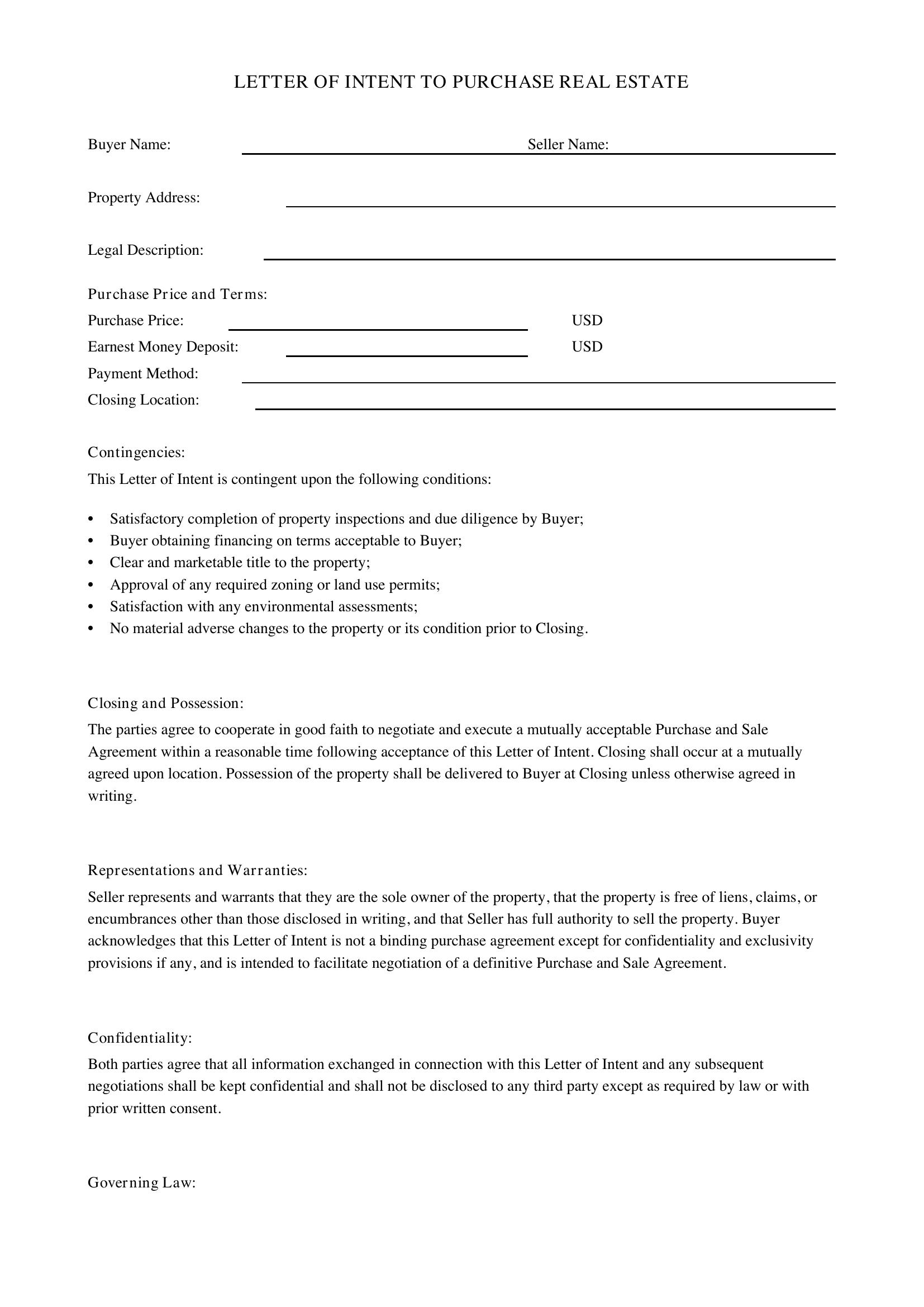 Letter Of Intent To Purchase Real Estate Template - US