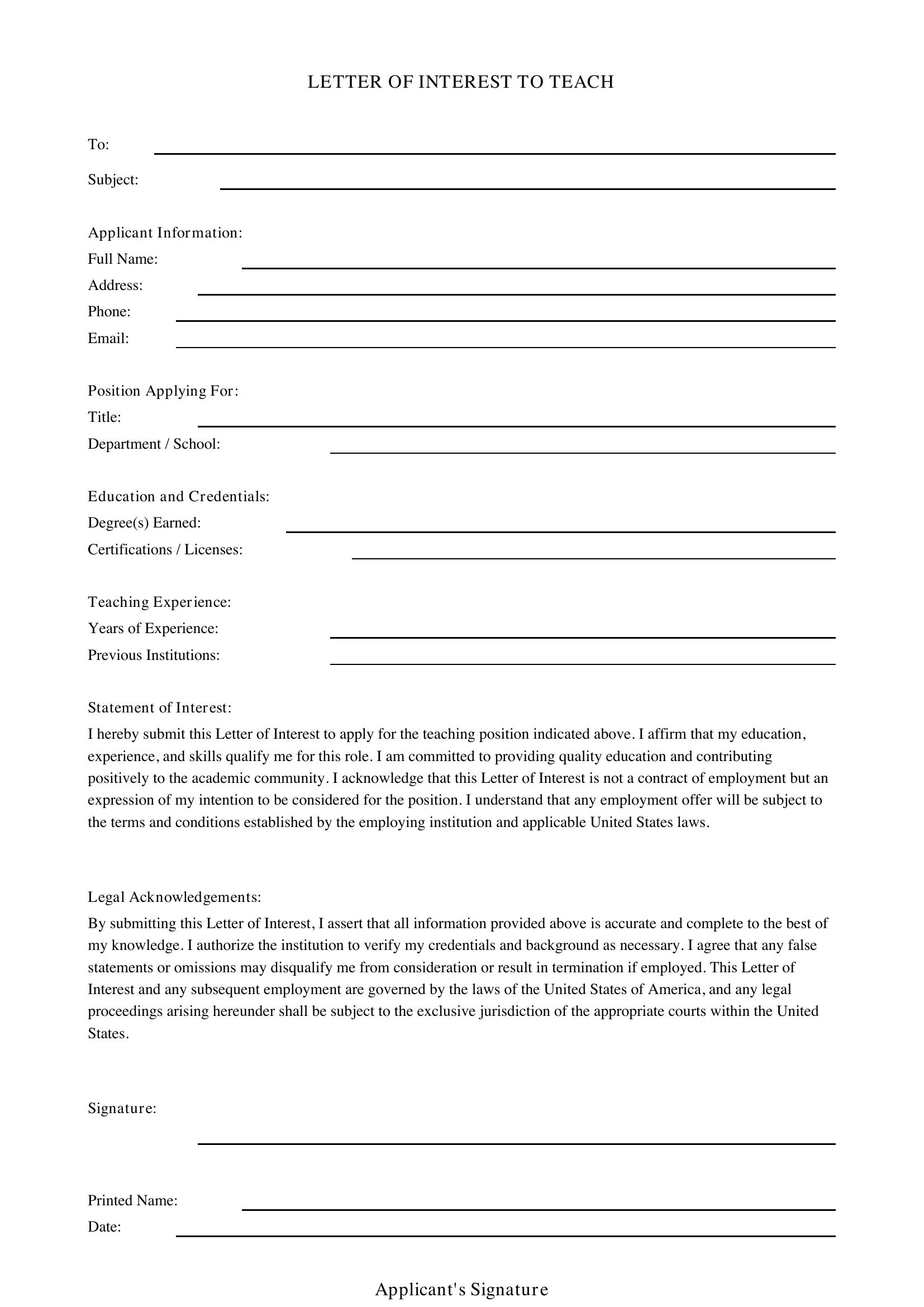 Letter Of Interest Teacher Template - US
