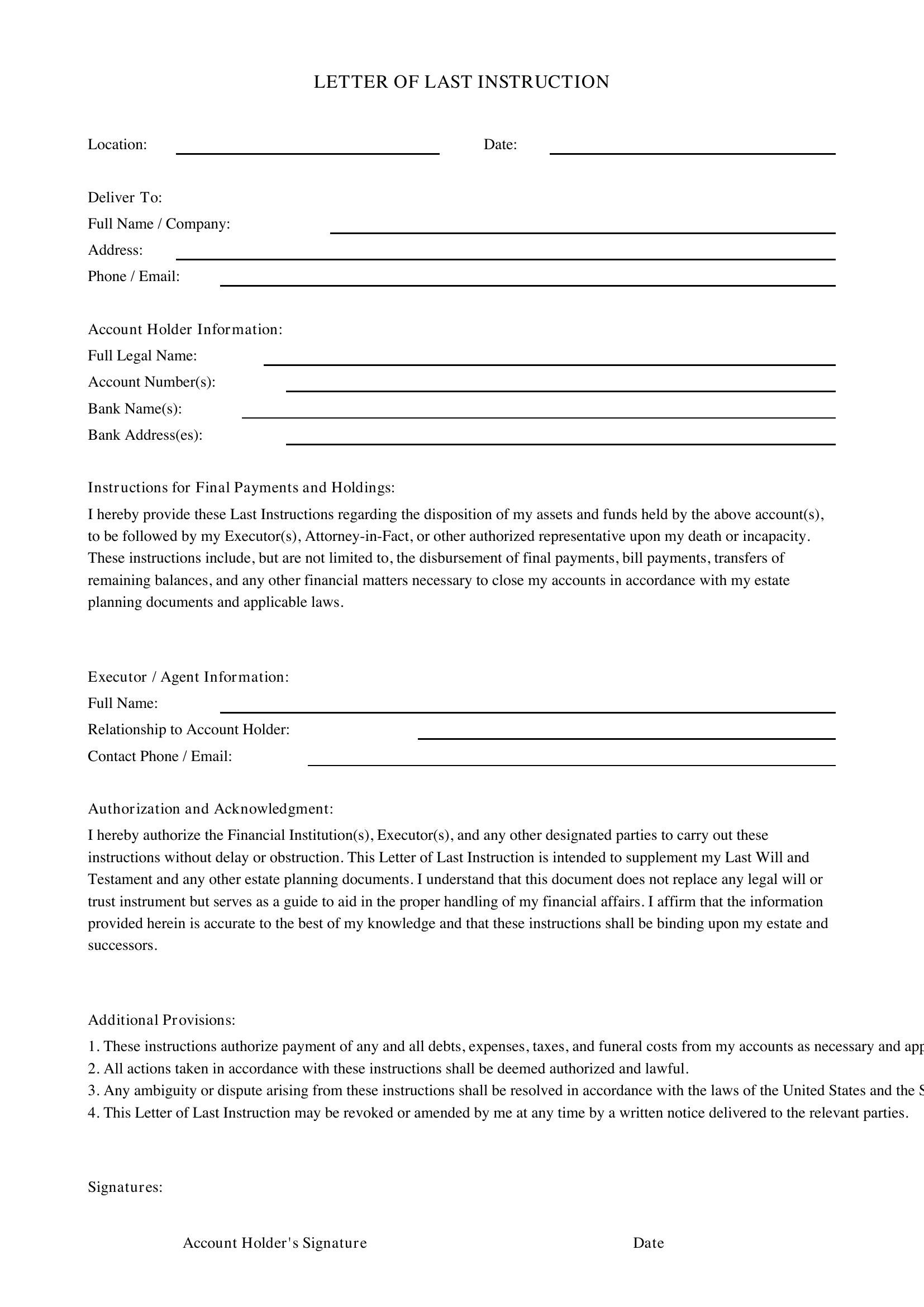 Letter Of Last Instruction Template - US