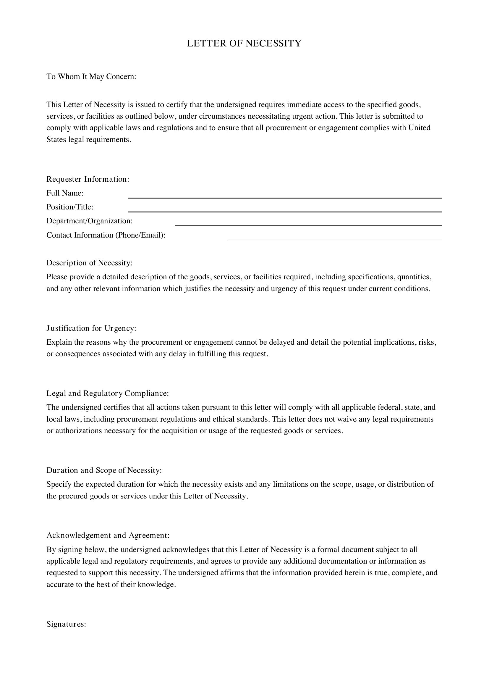 Letter Of Necessity Template - US