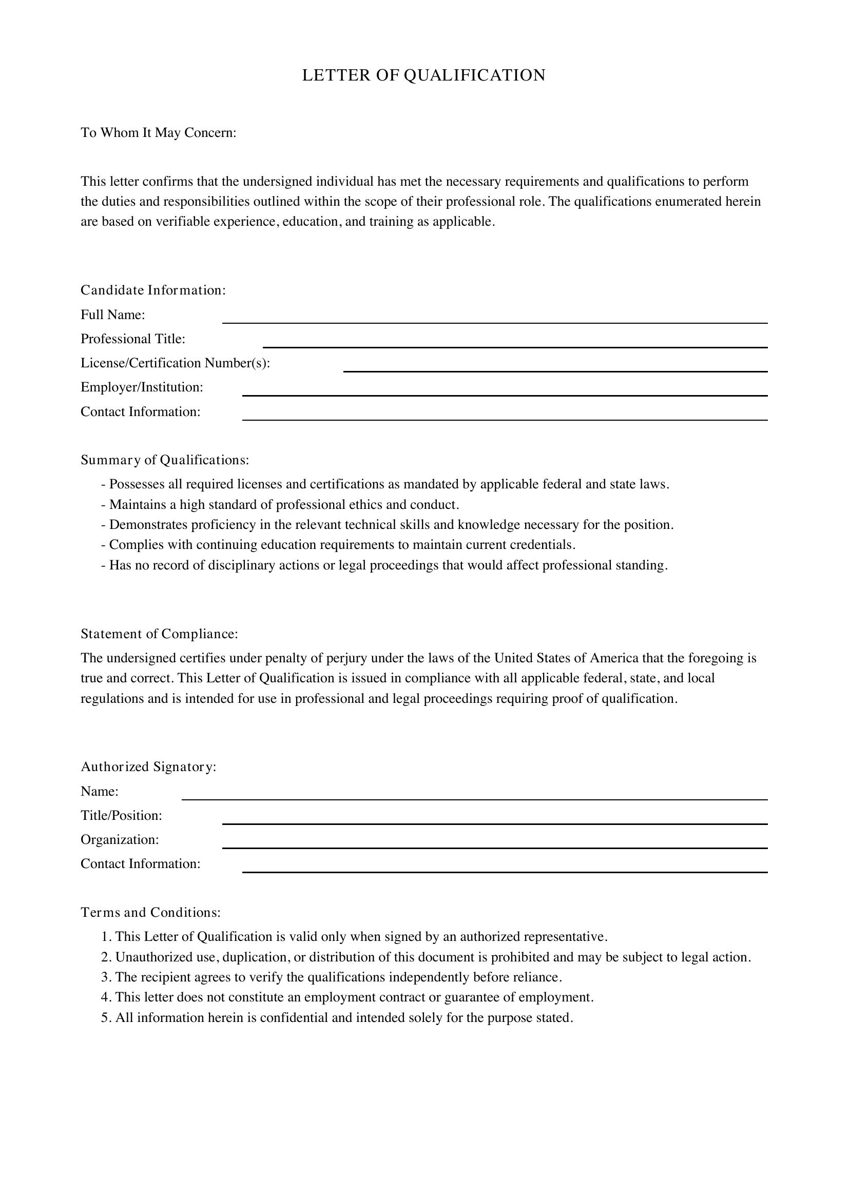 Letter Of Qualifications Template - US