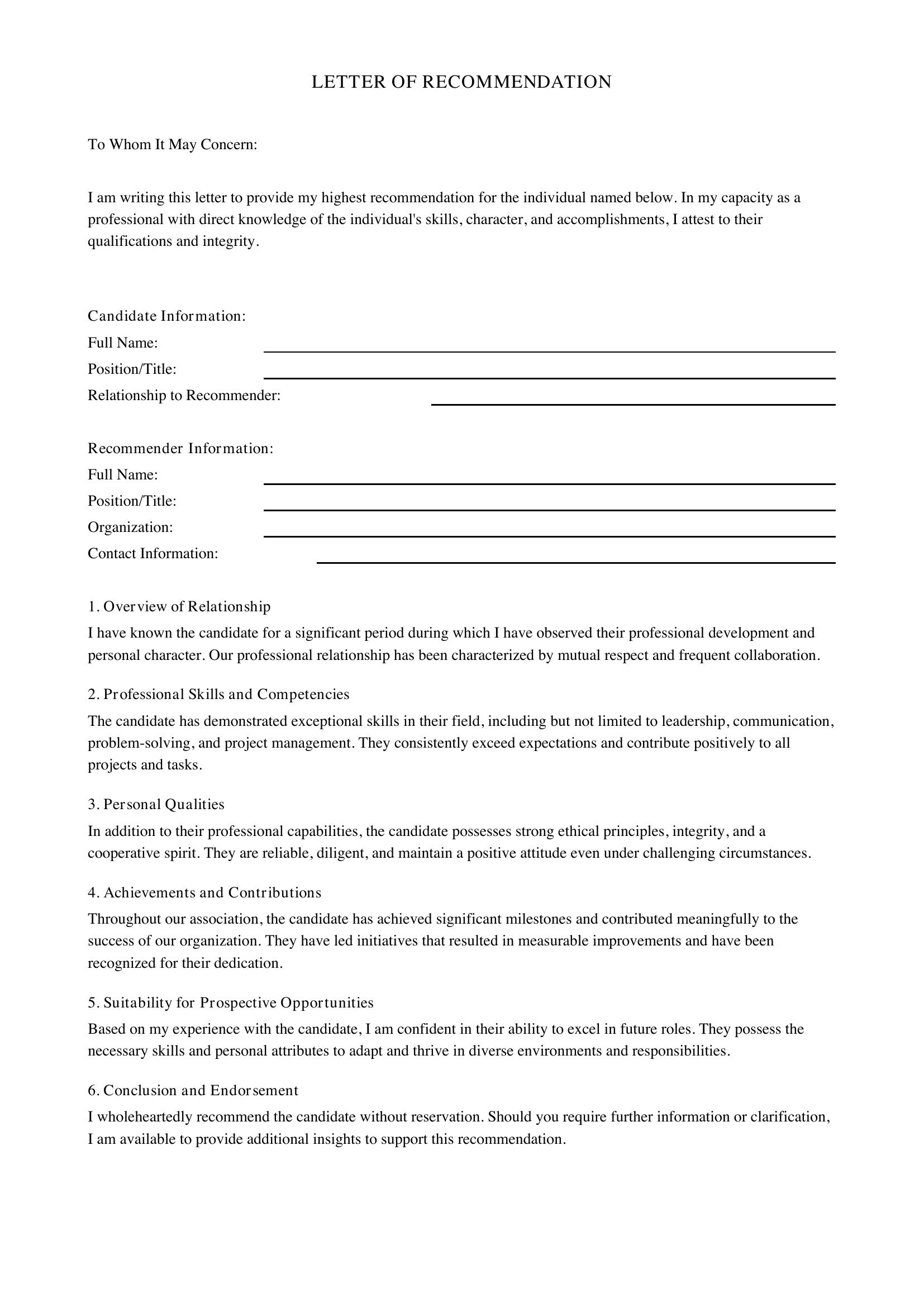 Letter Of Recommendation Character Reference Template - US