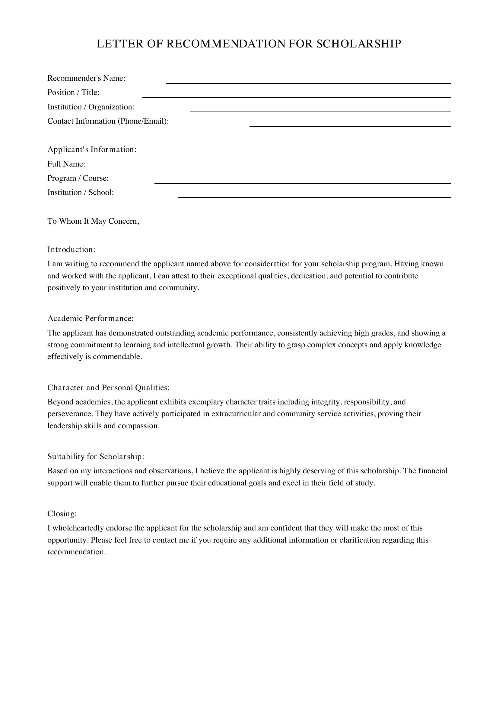 Letter Of Recommendation For Scholarship Template - US