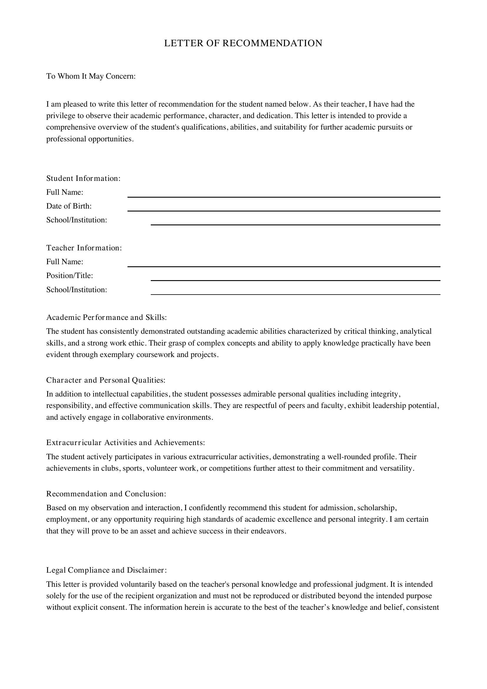 Letter Of Recommendation For Student From Teacher Template - US