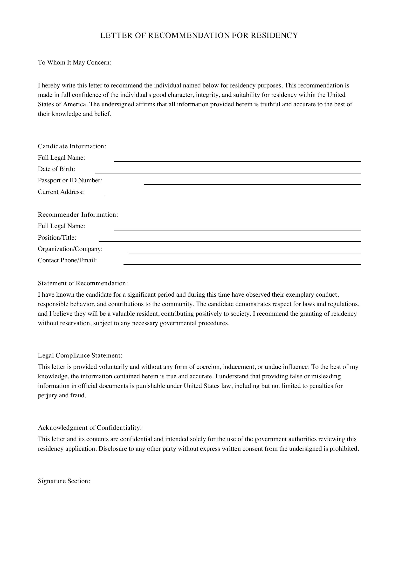 Letter Of Recommendation Residency Template - US