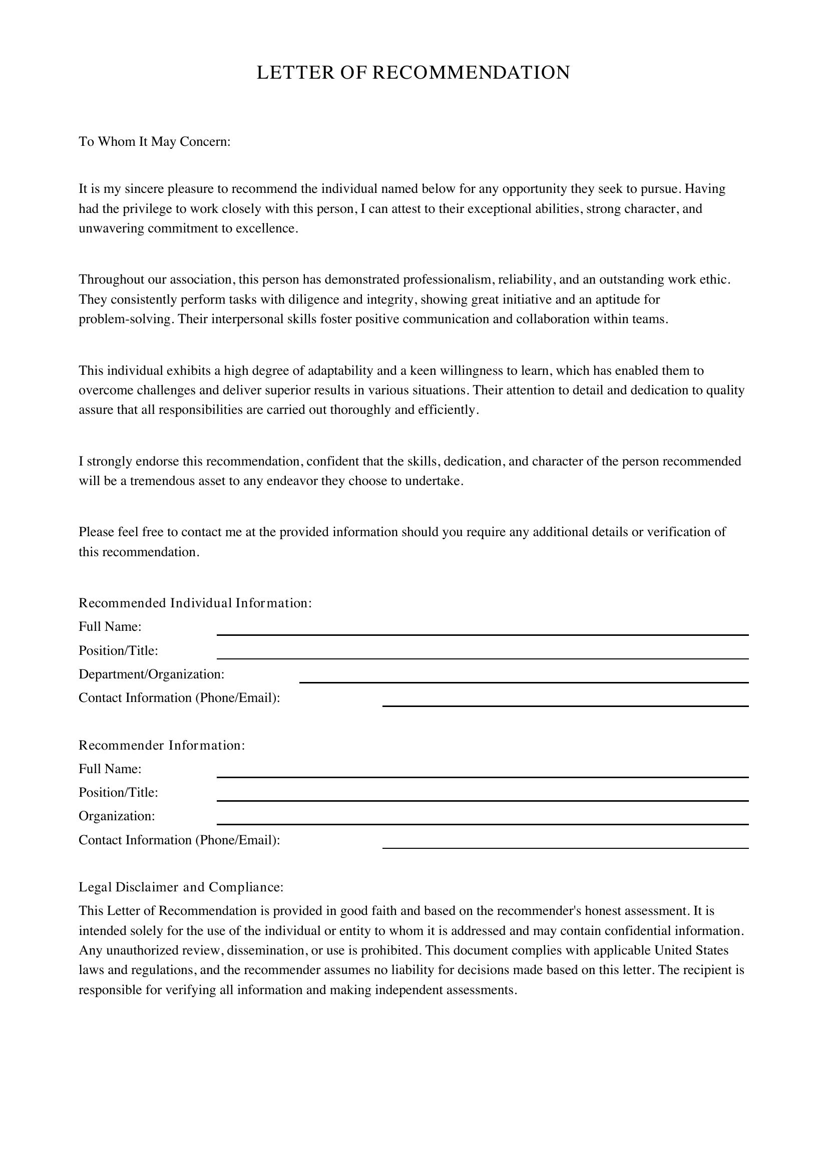 Letter Of Recommendation Template - US