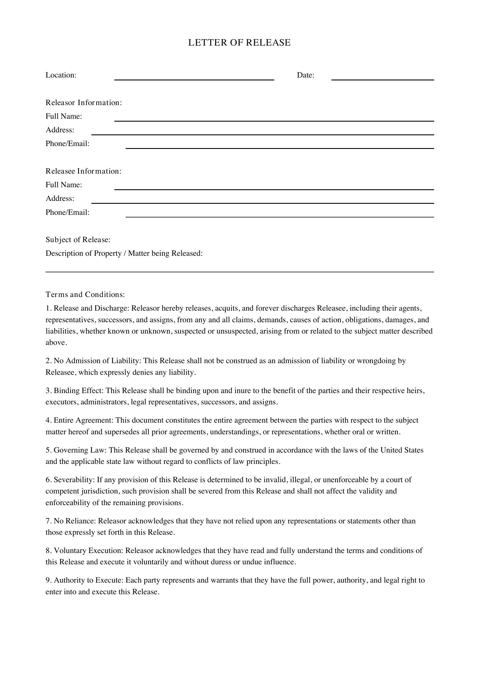 Letter Of Release Template - US