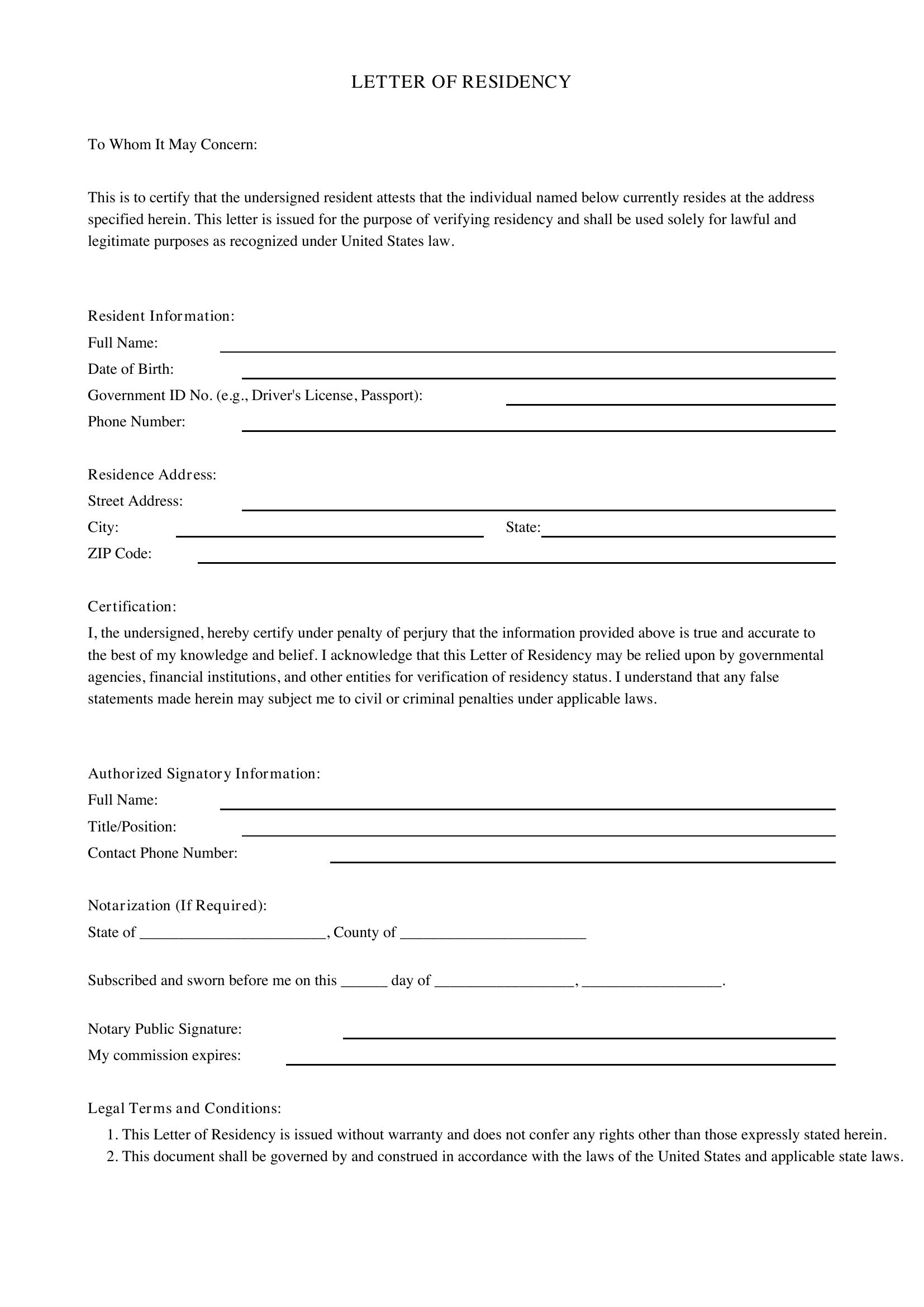 Letter Of Residency Template - US