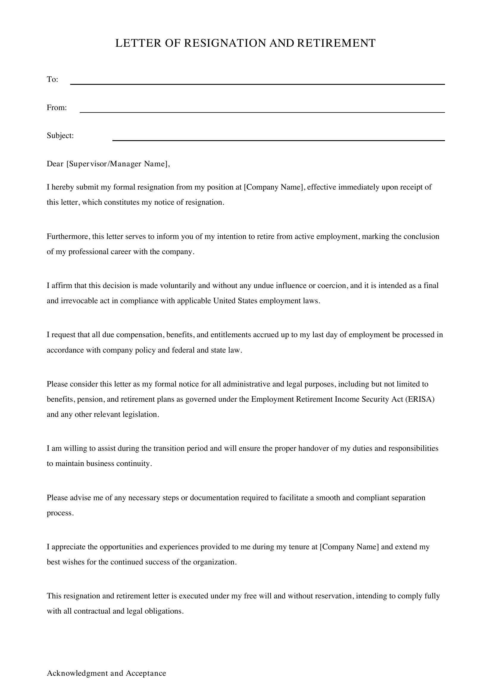 Letter Of Resignation Retirement Template - US