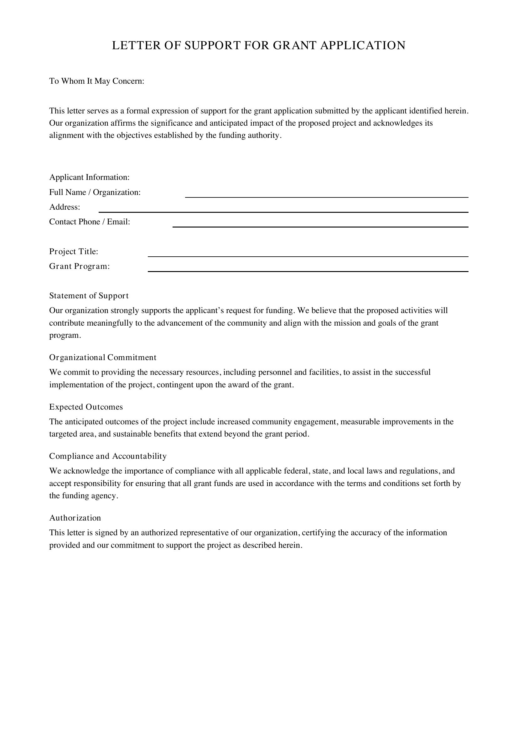 Letter Of Support For Grant Template - US