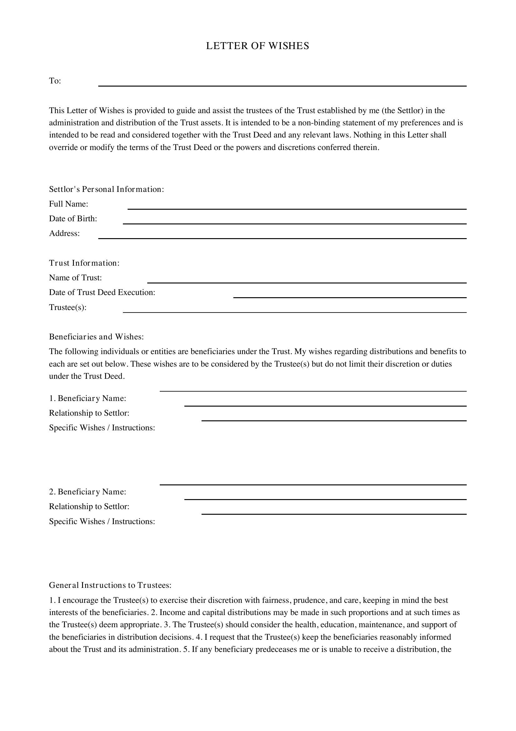 Letter Of Wishes Template - US