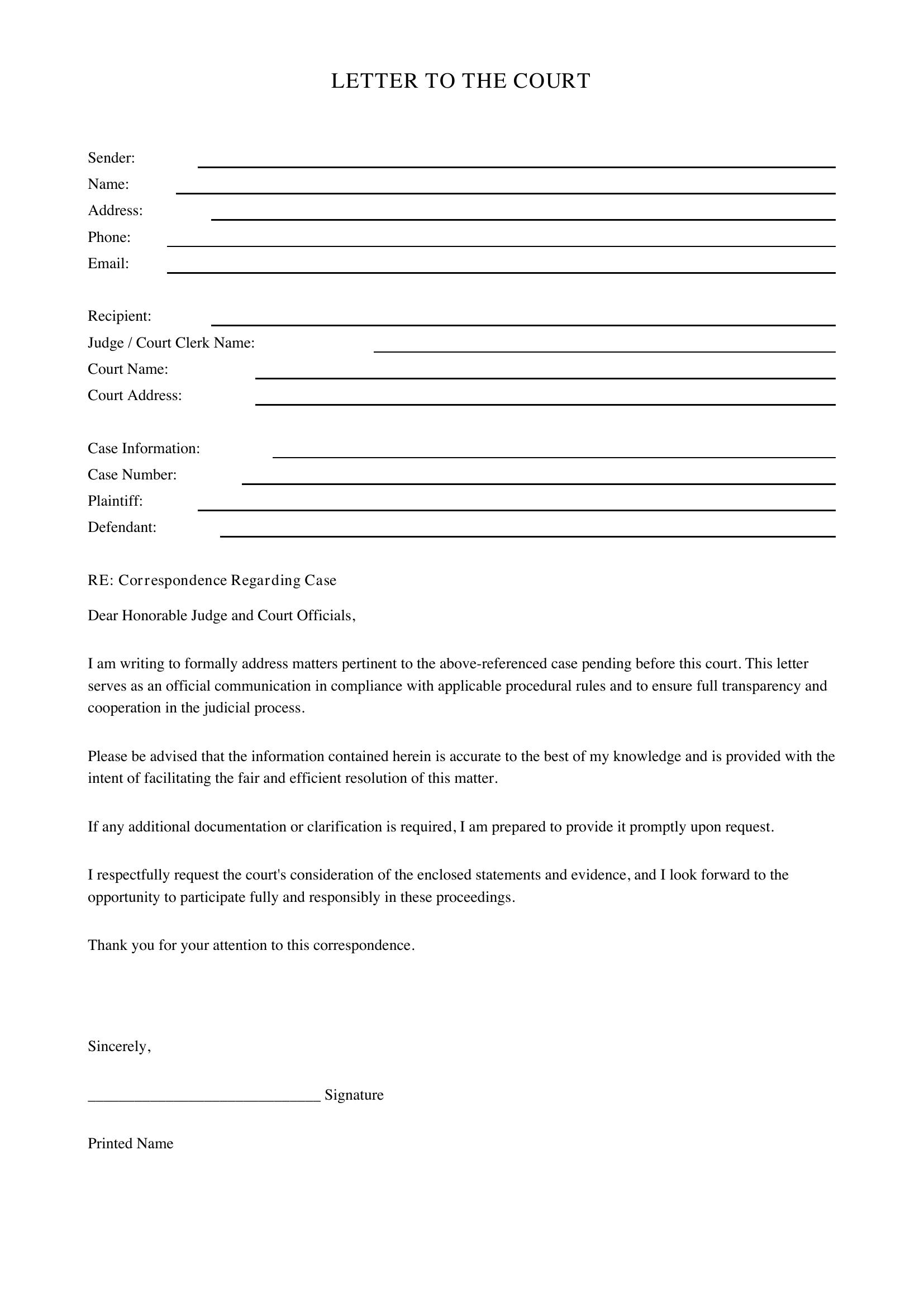 Letter To Court Template - US