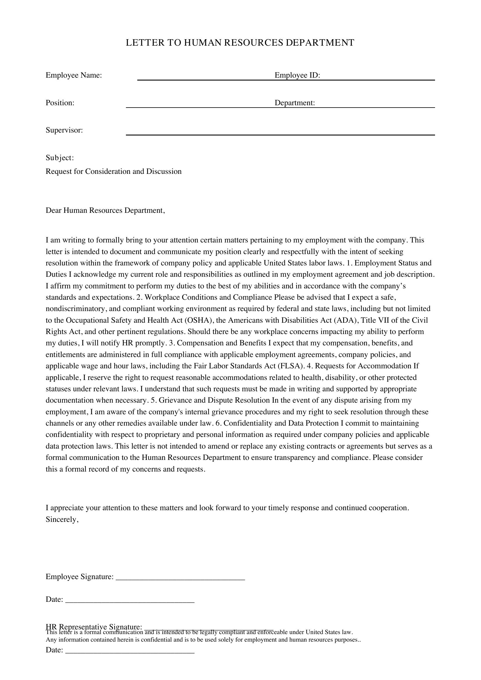 Letter To Hr Template - US