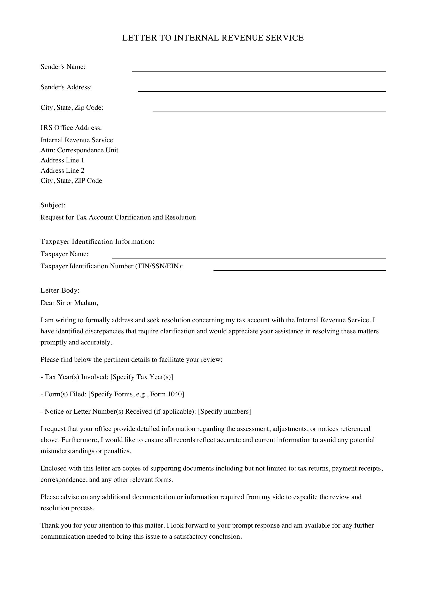 Letter To Irs Template - US