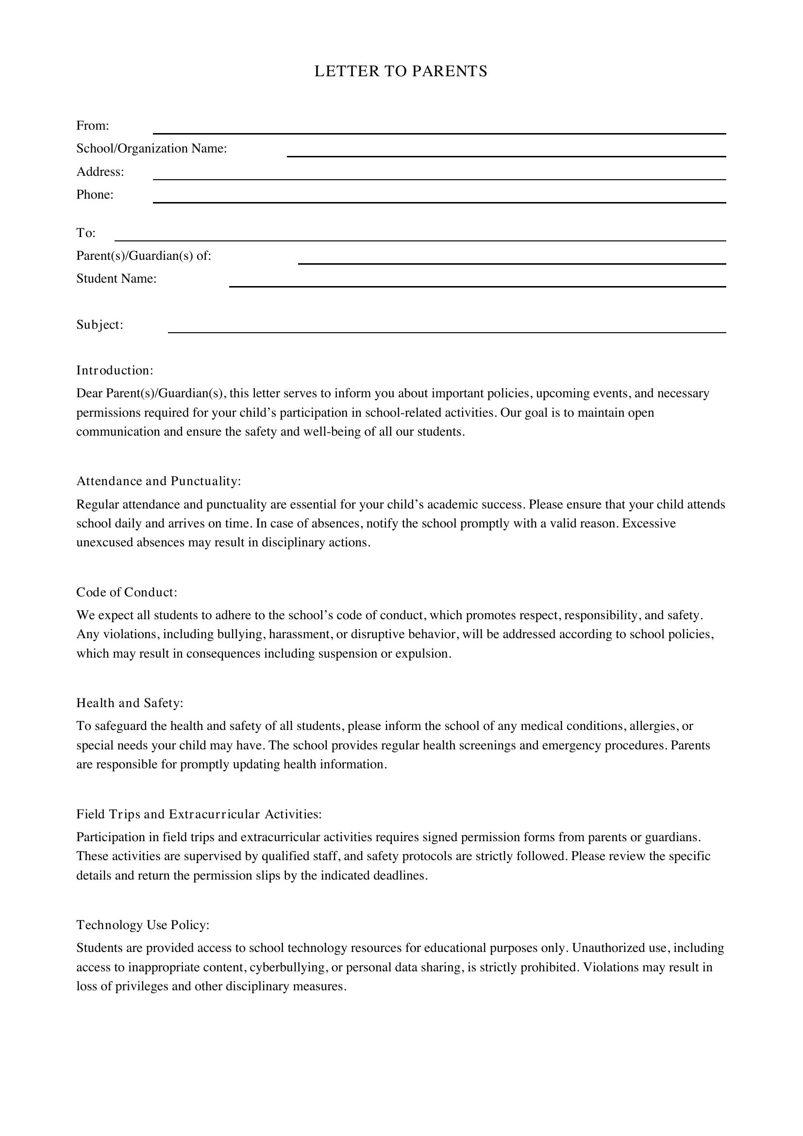 Letter To Parents Template - US