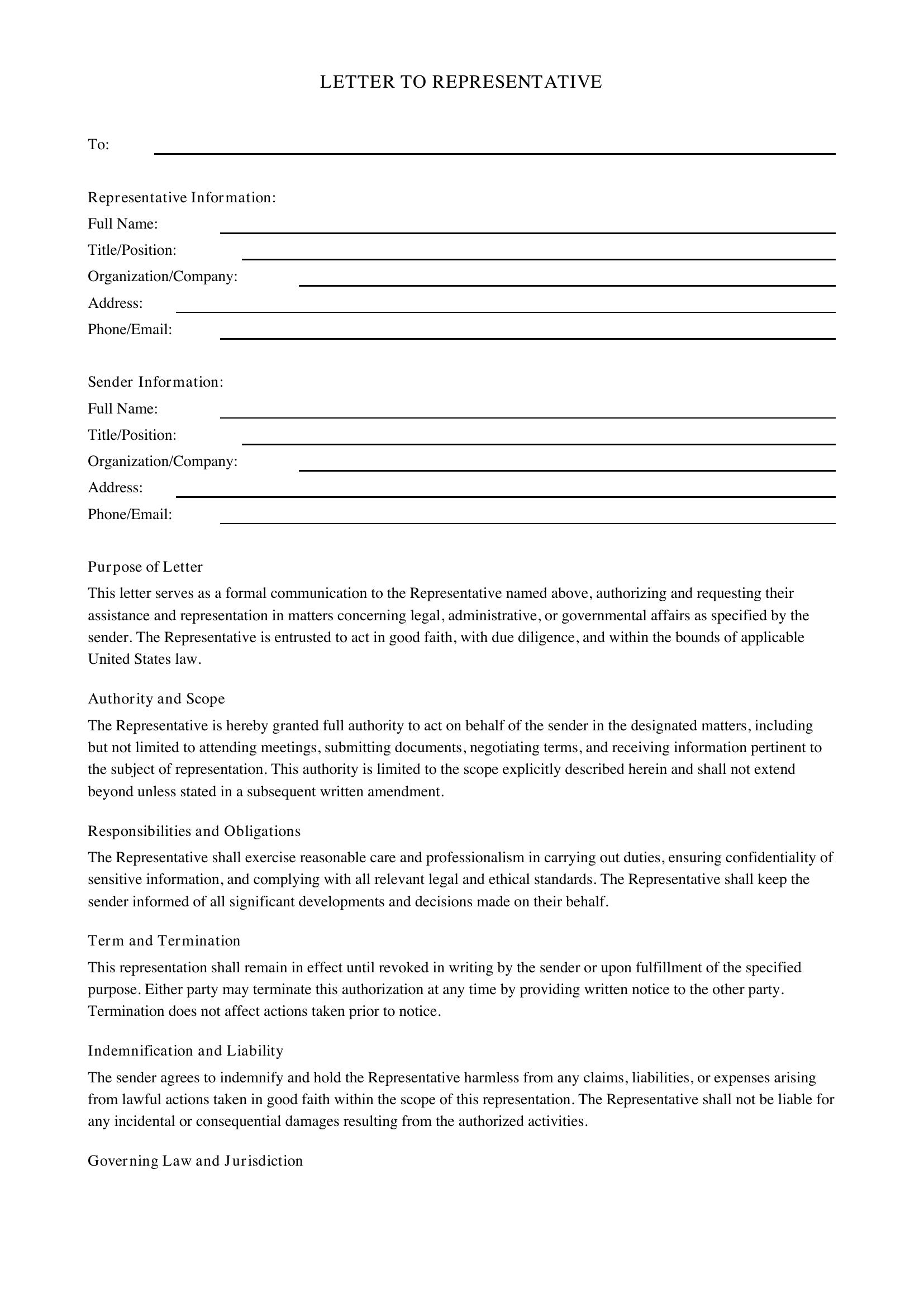 Letter To Representative Template - US