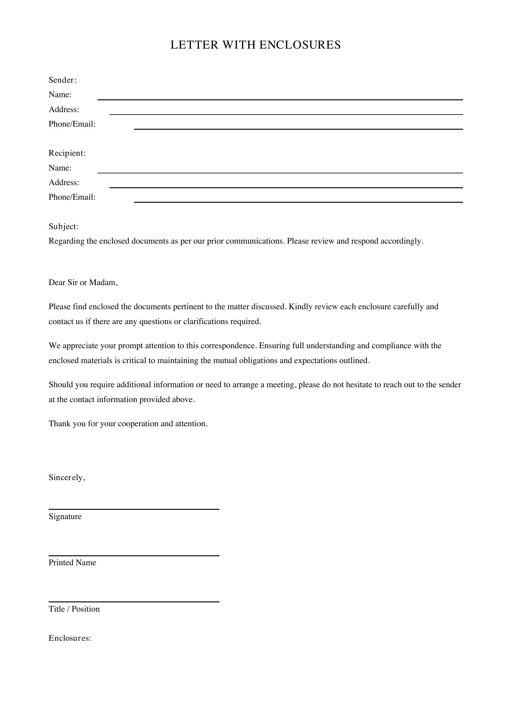 Letter With Enclosures Template - US