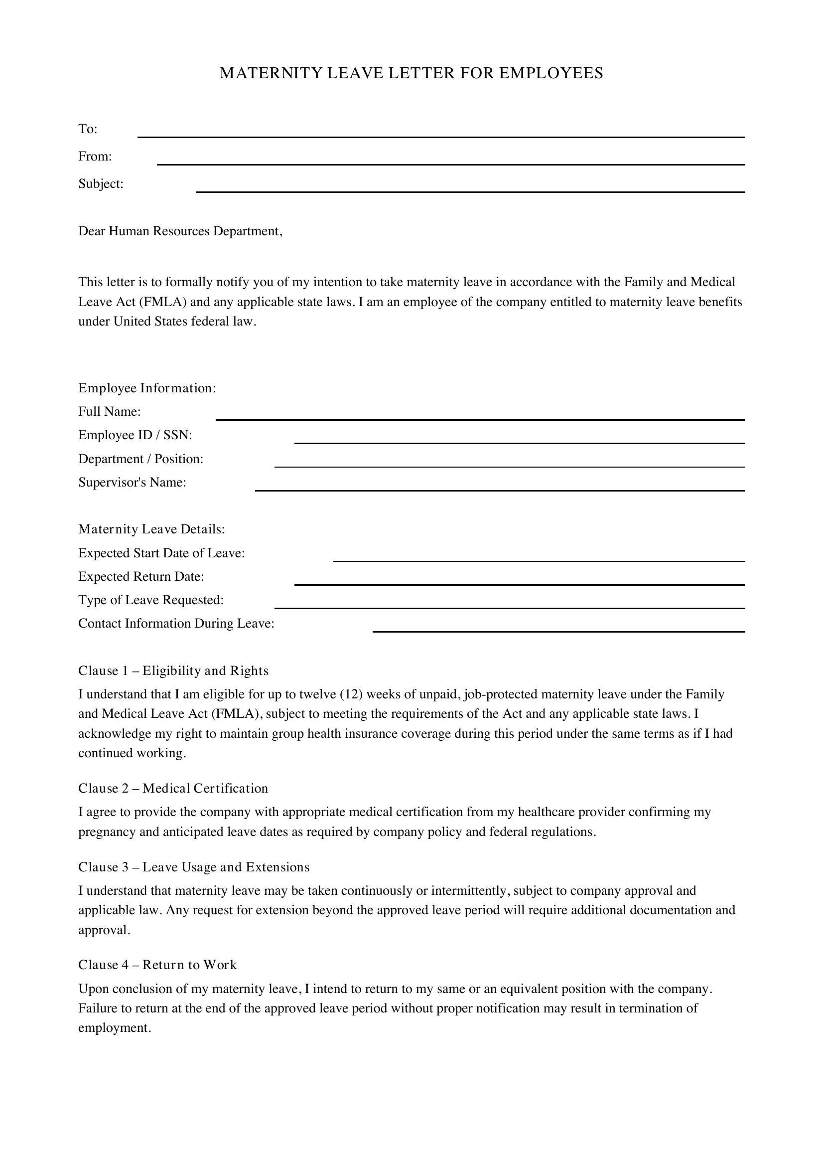 Maternity Leave Letter For Employees Template - US