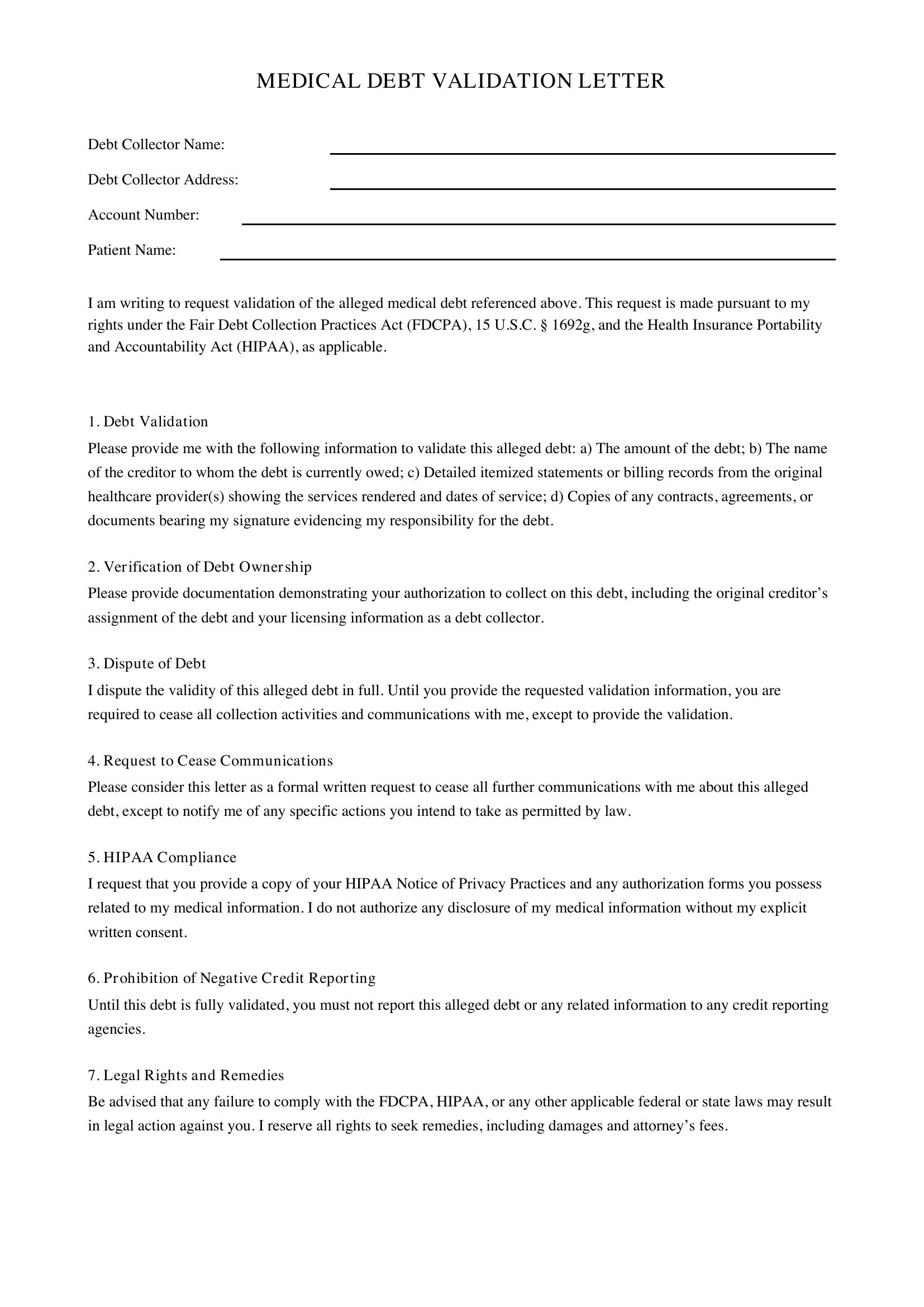 Medical Debt Validation Letter Template - US