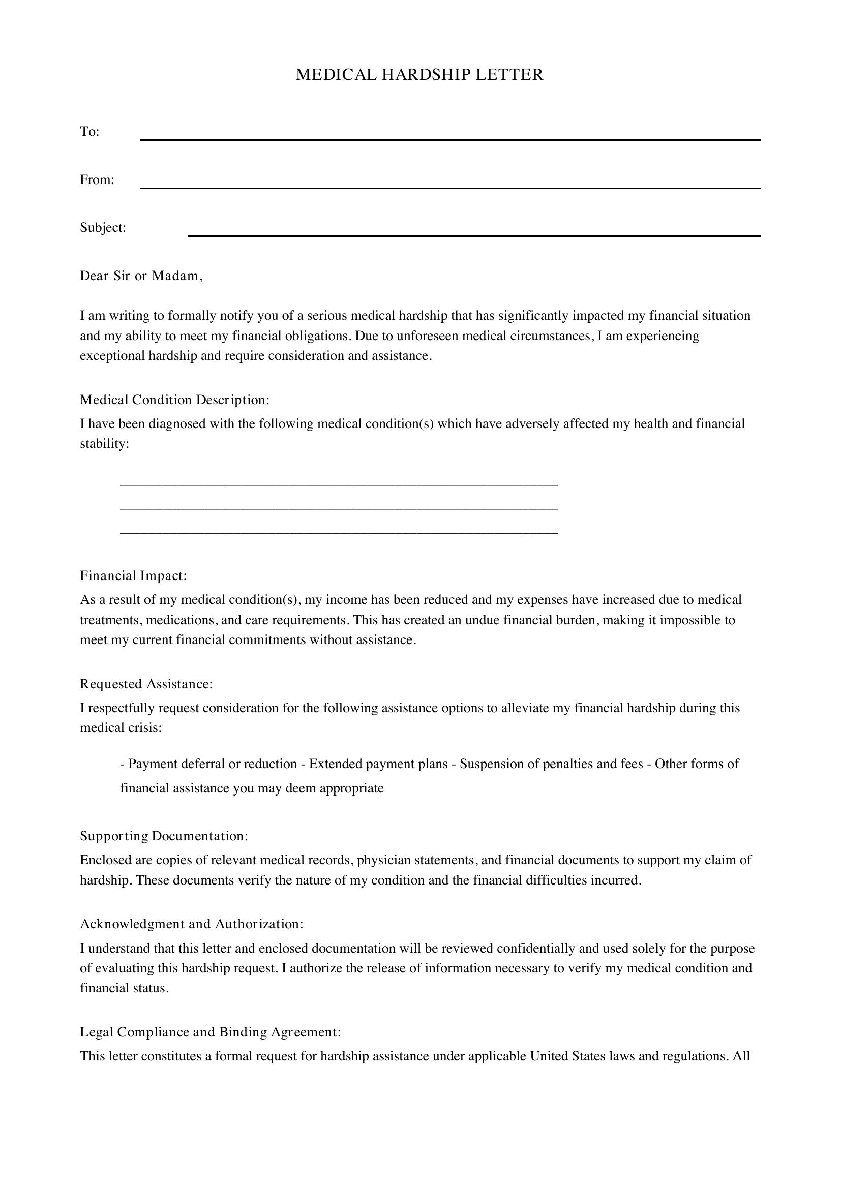Medical Hardship Letter Template - US
