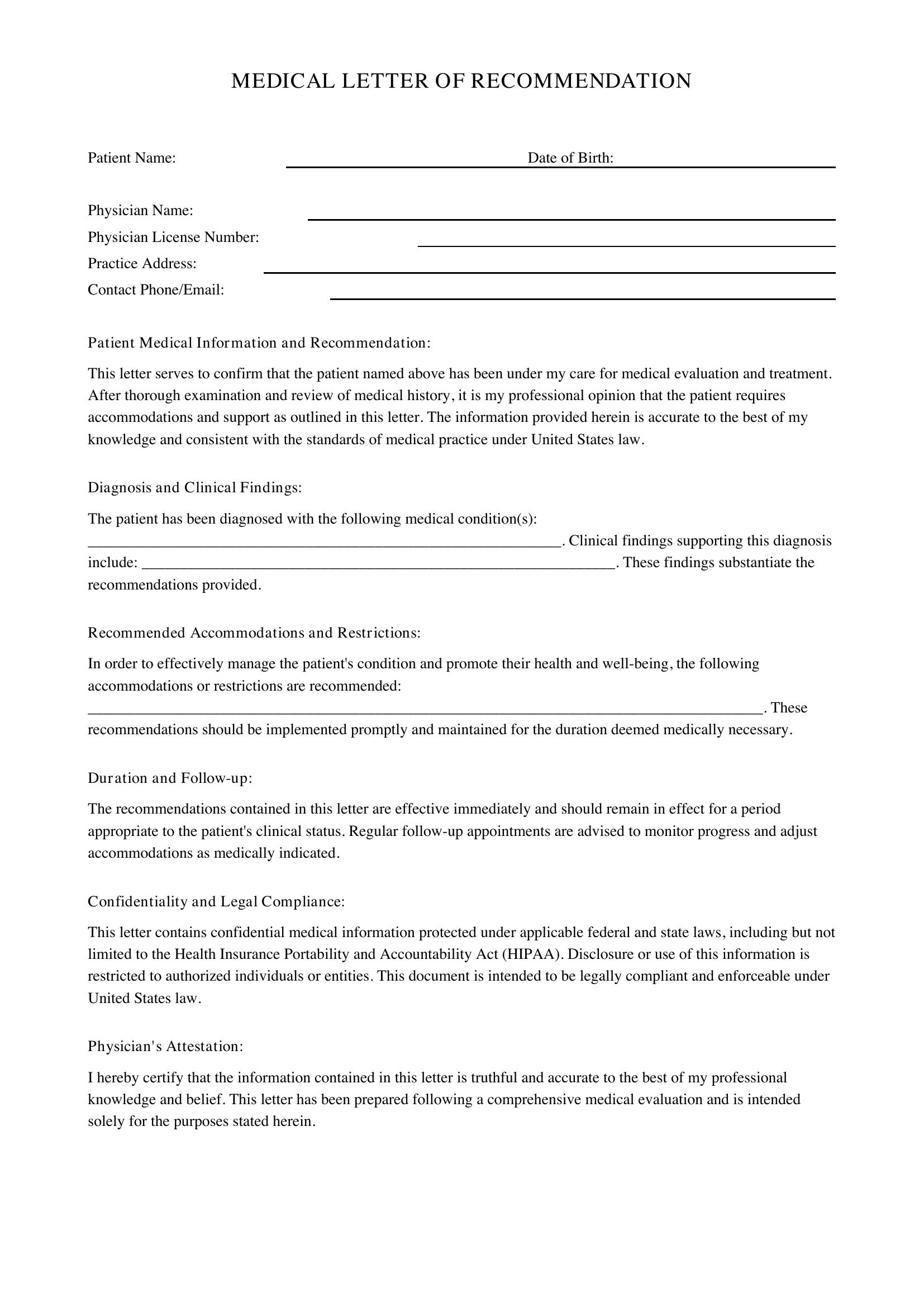 Medical Letter Of Recommendation Template - US