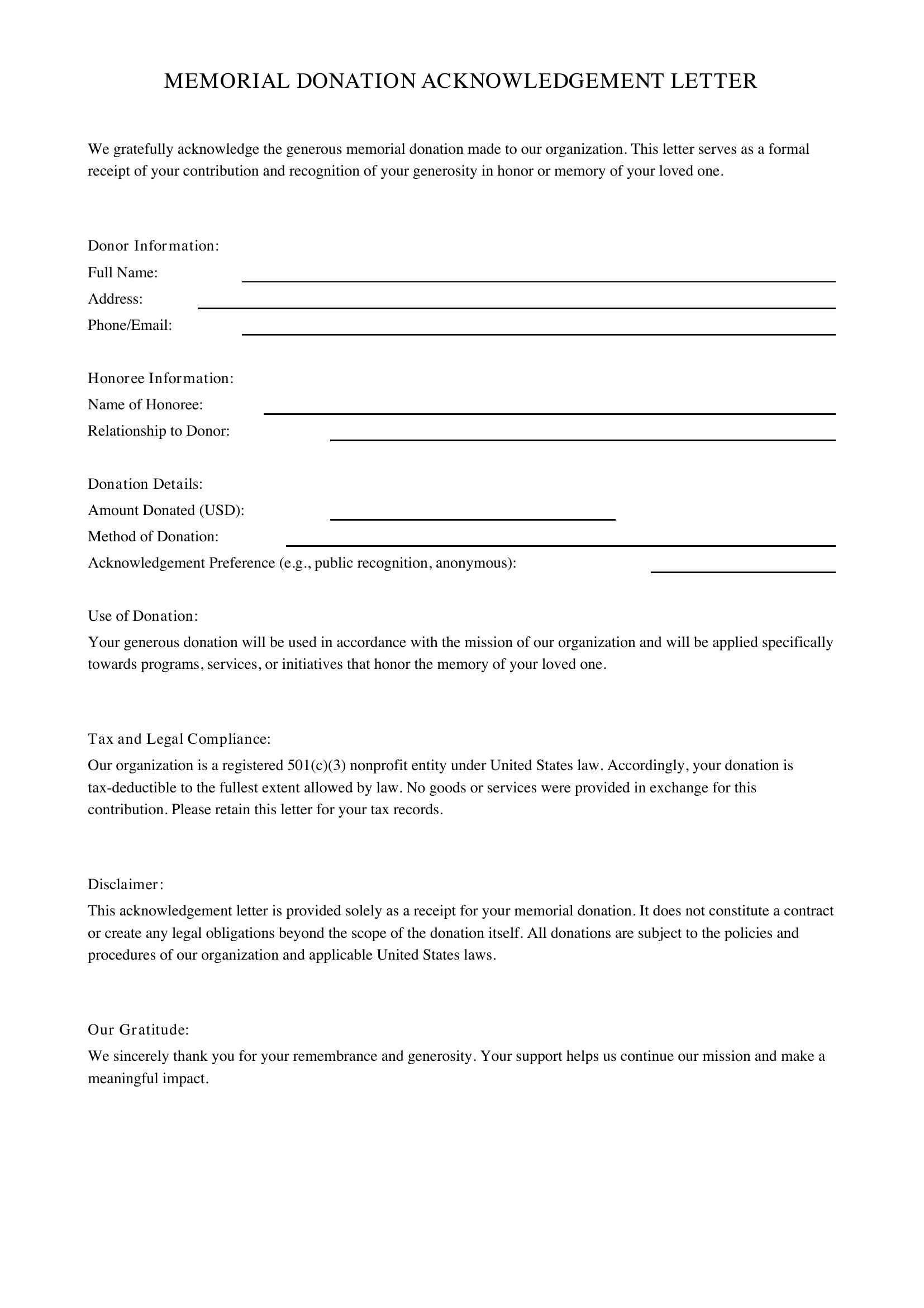 Memorial Donation Acknowledgement Letter Template - US