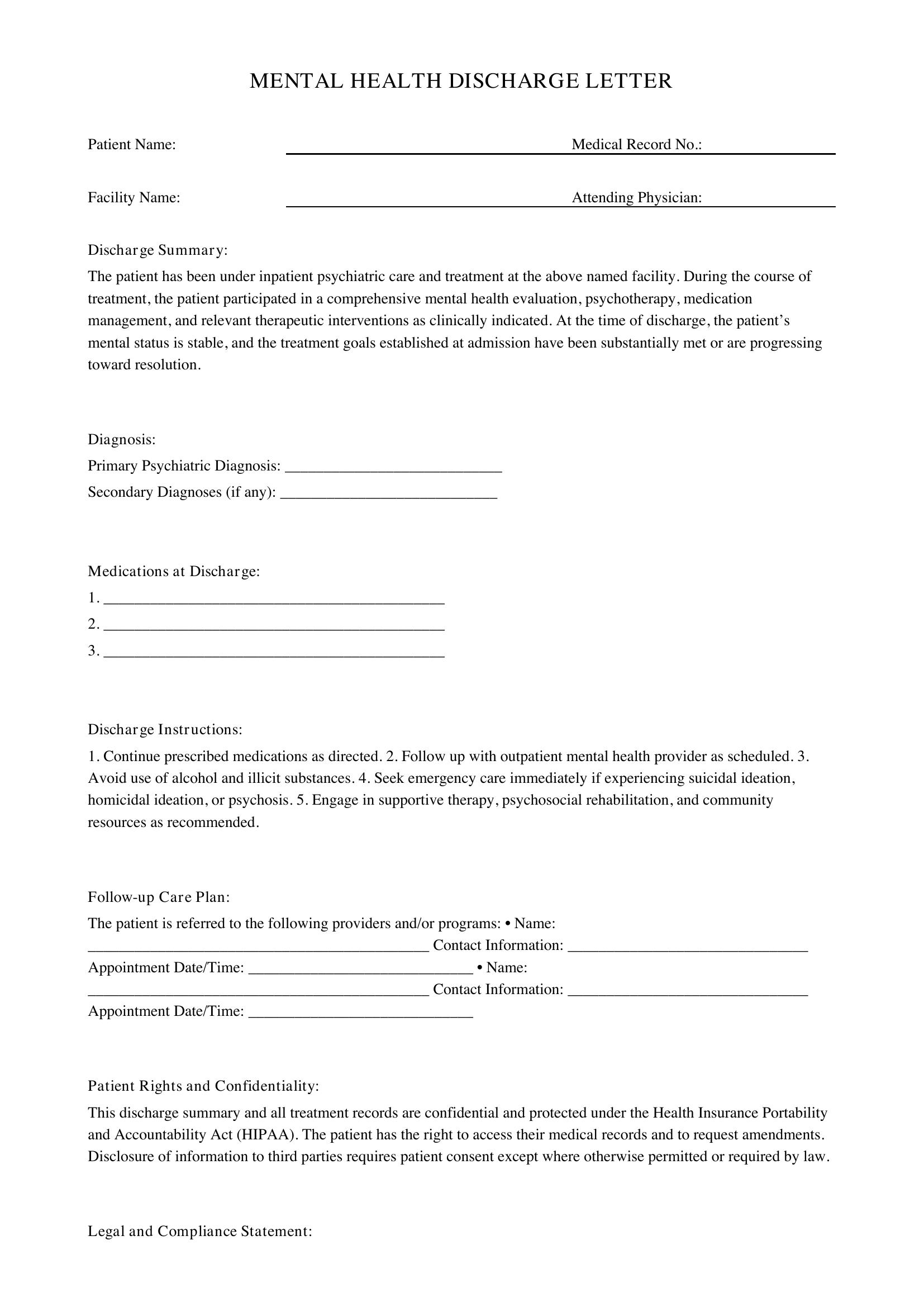 Mental Health Discharge Letter Template - US