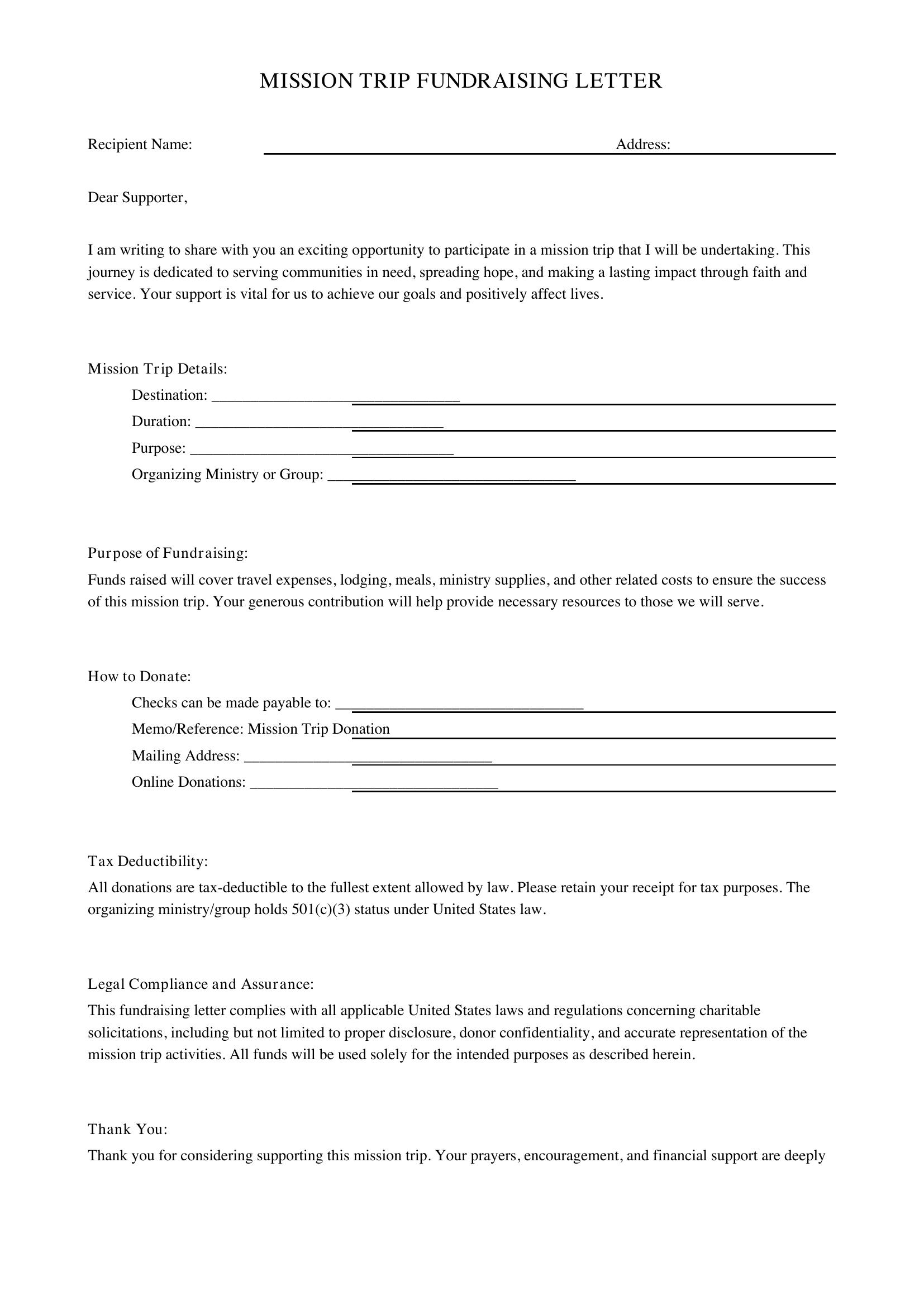Mission Trip Fundraising Letter Template - US