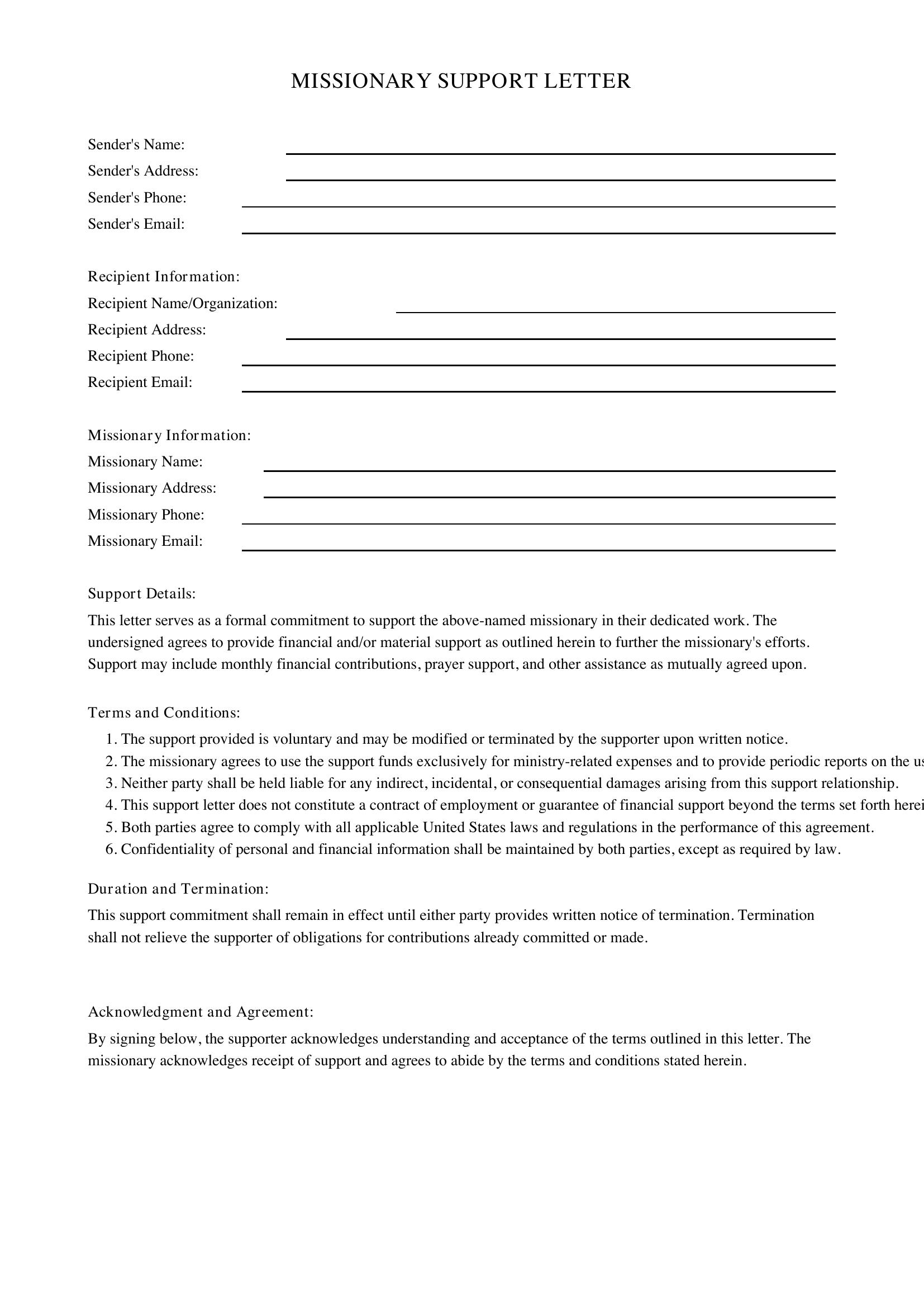 Missionary Support Letter Template - US