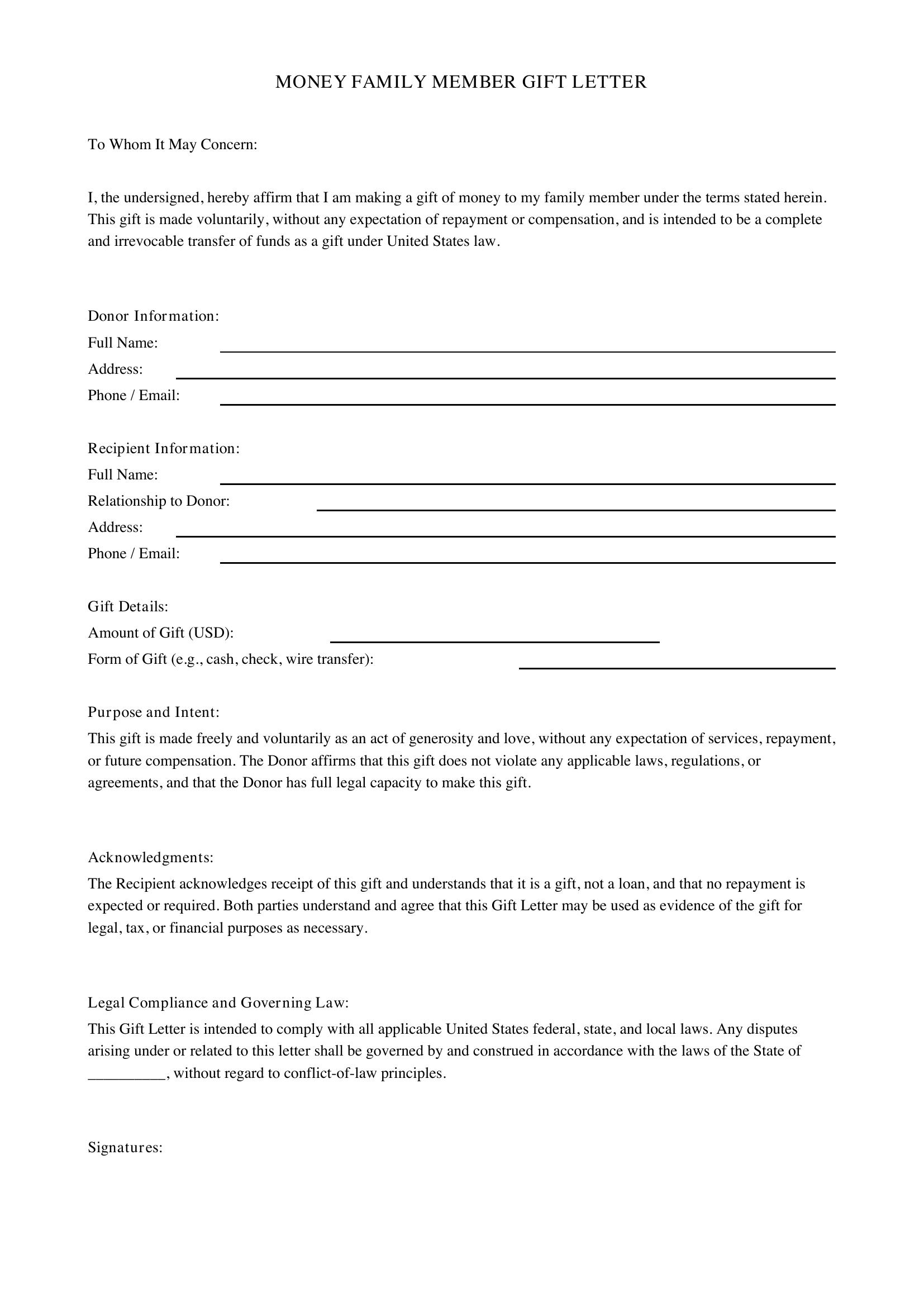 Money Family Member Gift Letter Template - US