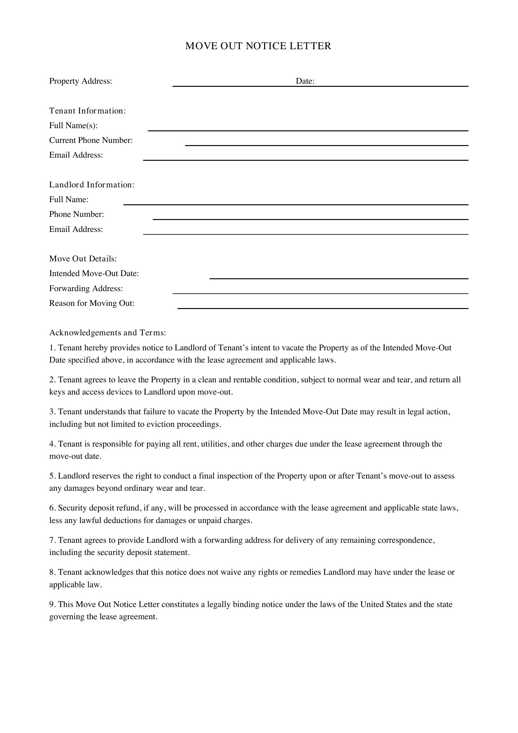Move Out Notice Letter Template - US