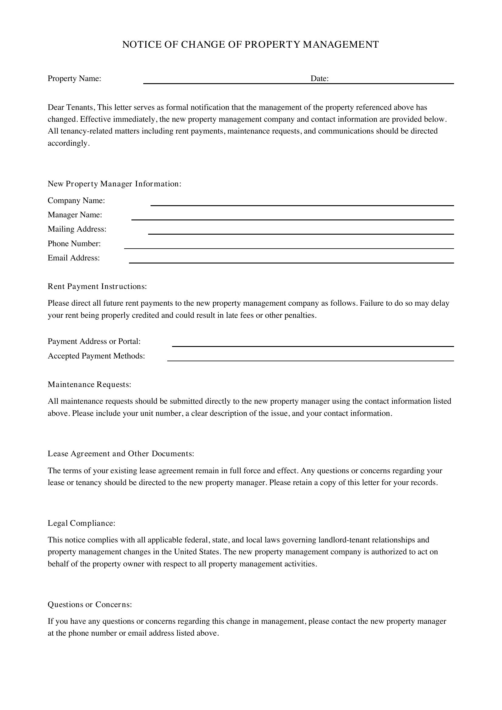 New Property Manager Letter To Tenants Template - US