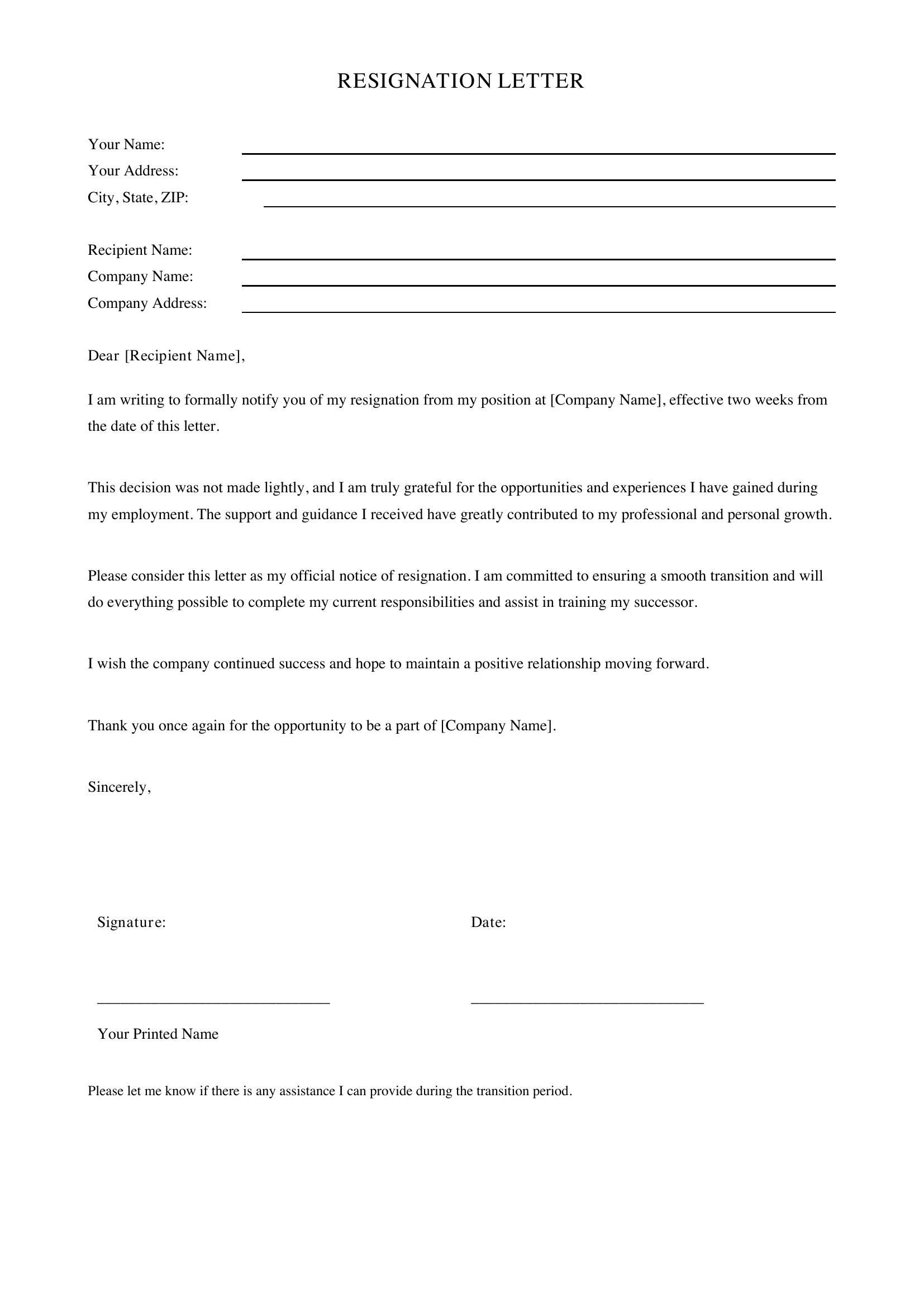 Nice Resignation Letter Template - US