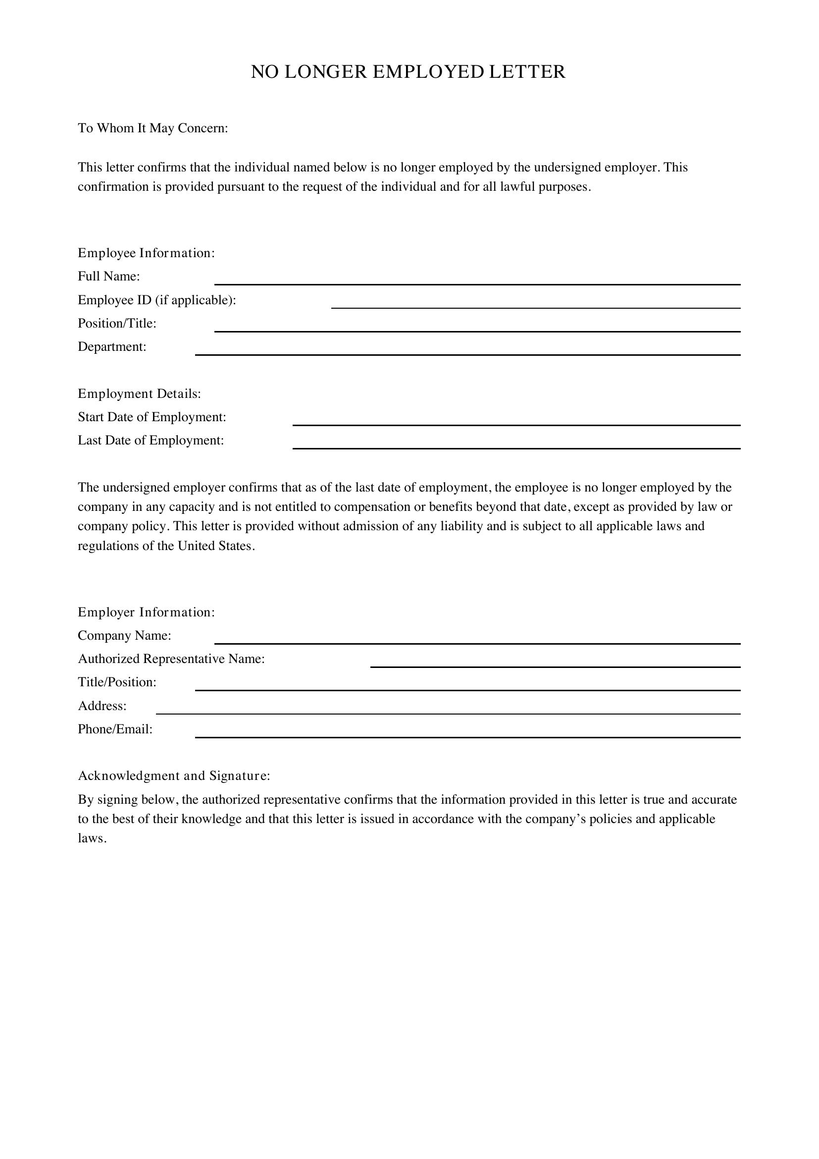 No Longer Employed Letter Template - US