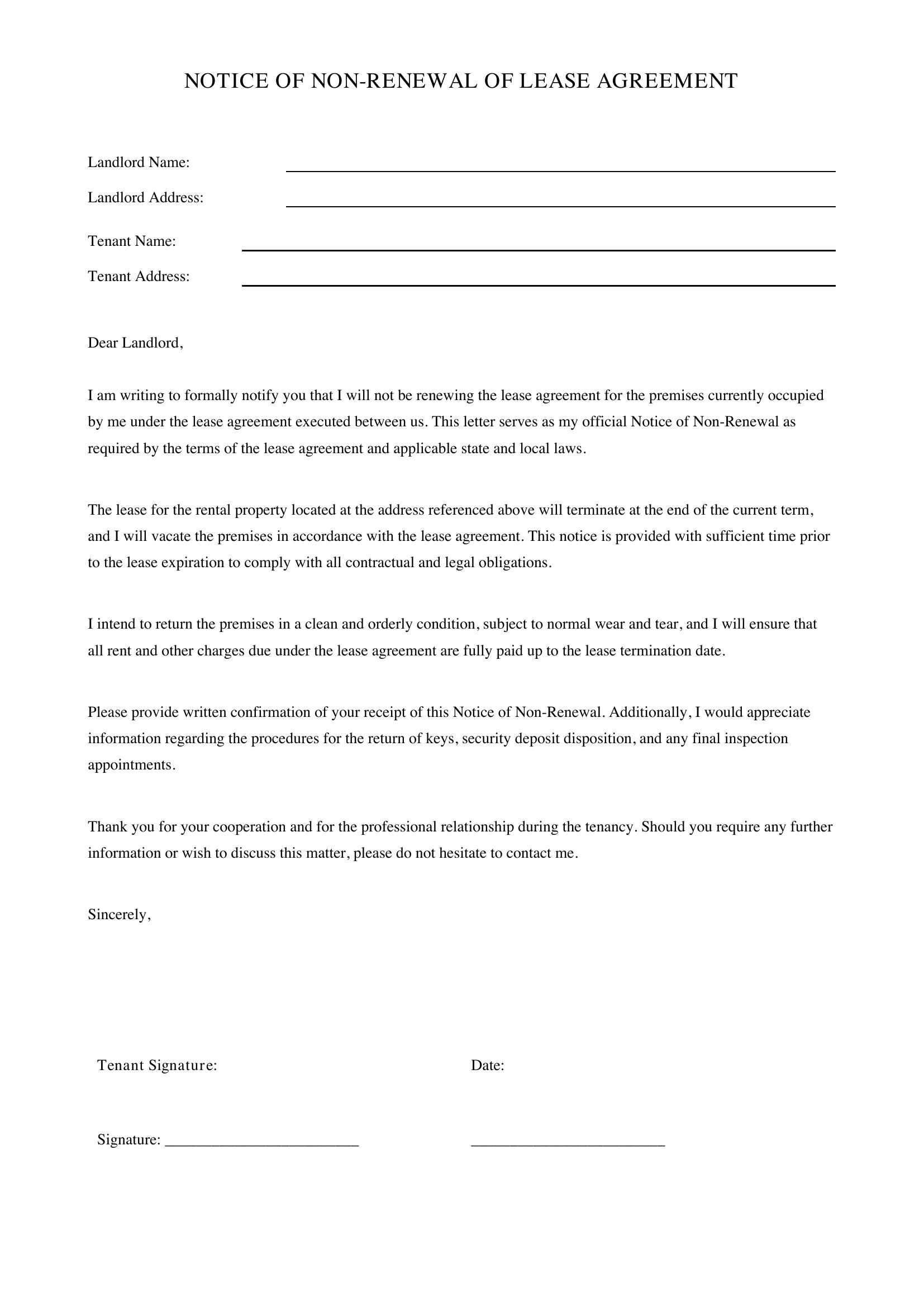 Not Renewing Lease Letter To Landlord Template - US