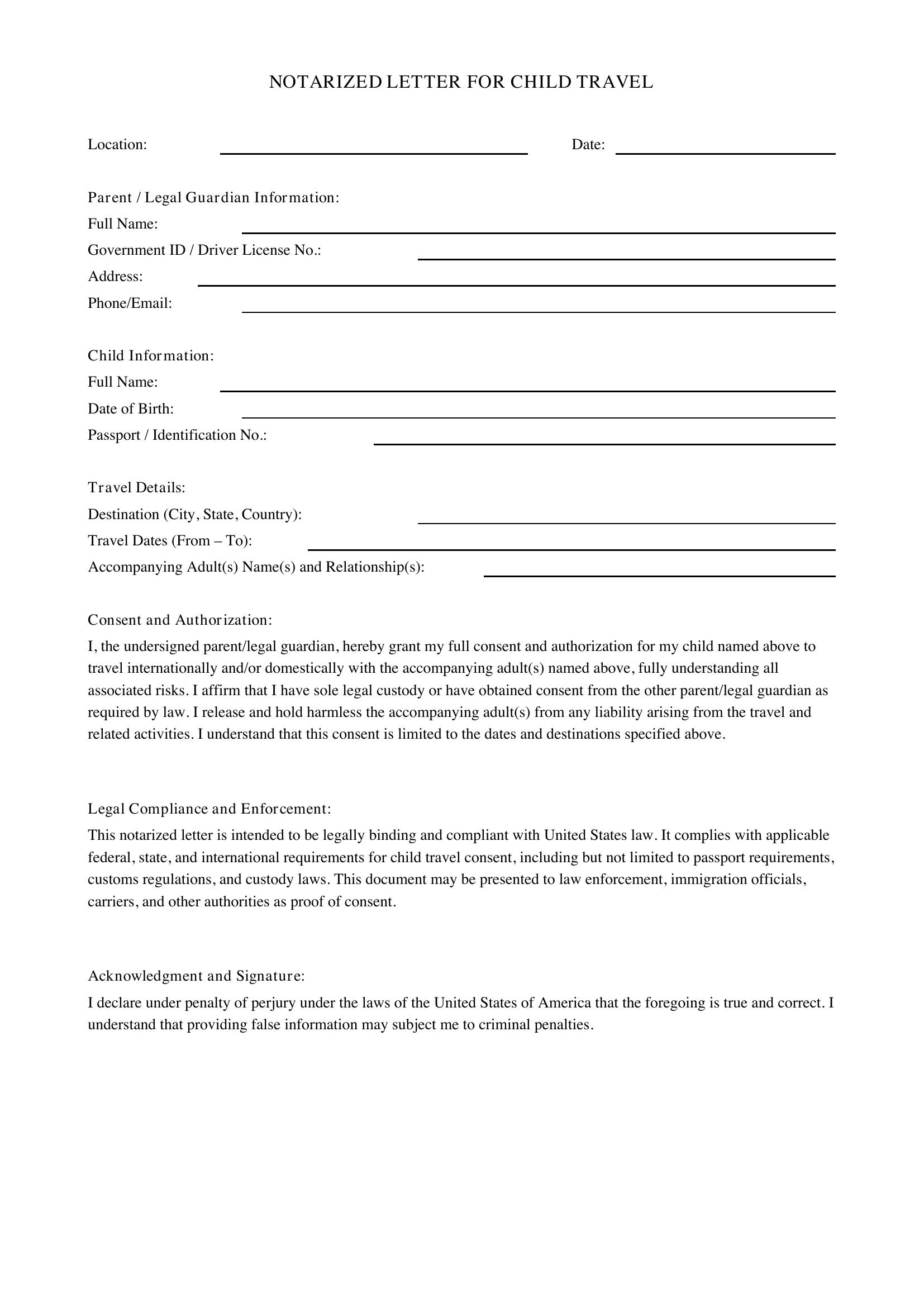 Notarized Letter For Child Travel Template - US