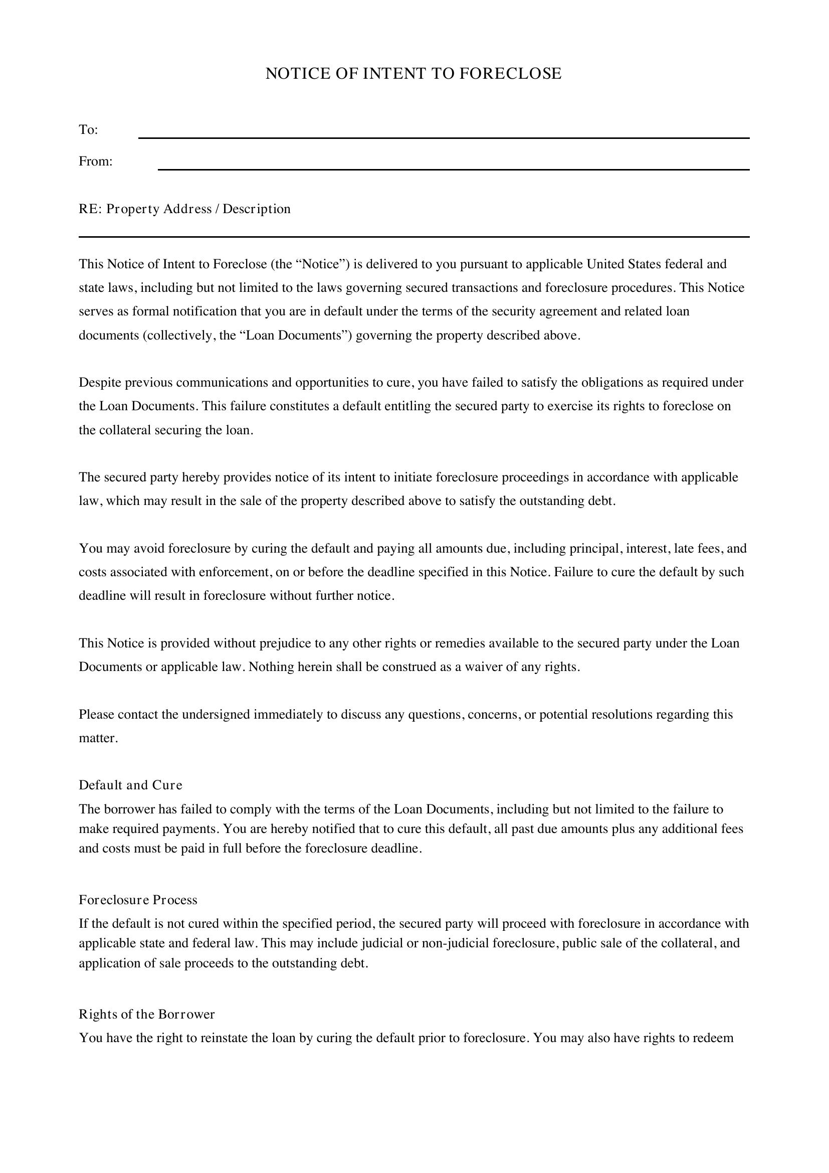 Notice Of Intent To Foreclose Letter Template - US