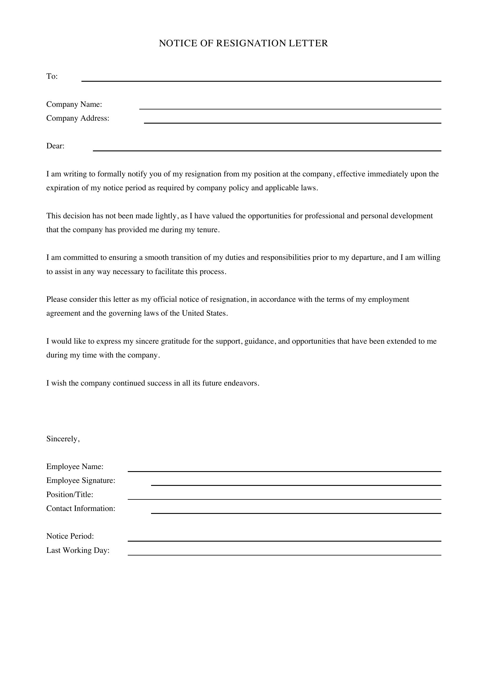 Notice Of Resignation Letter Template - US