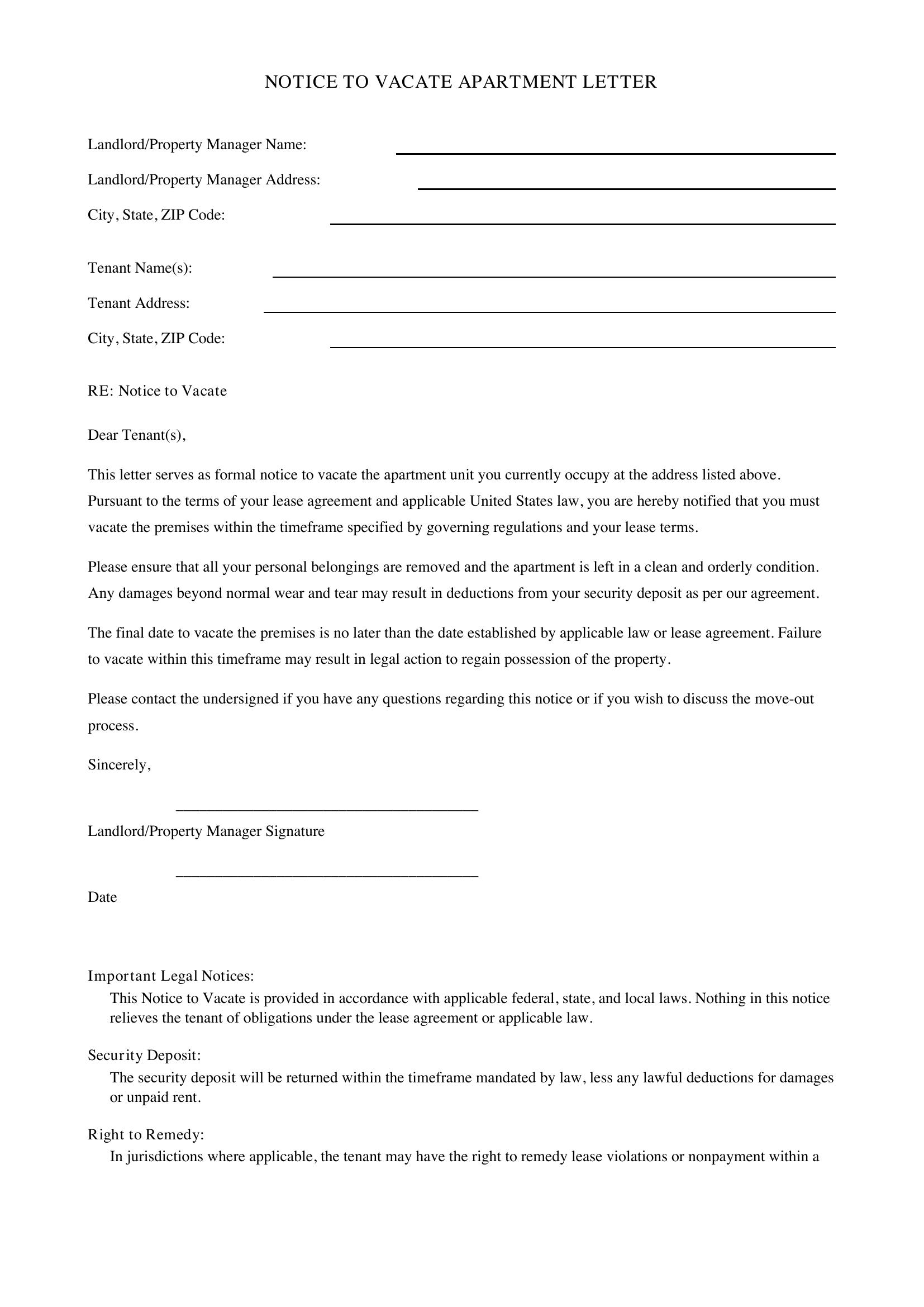 Notice To Vacate Apartment Letter Template - US