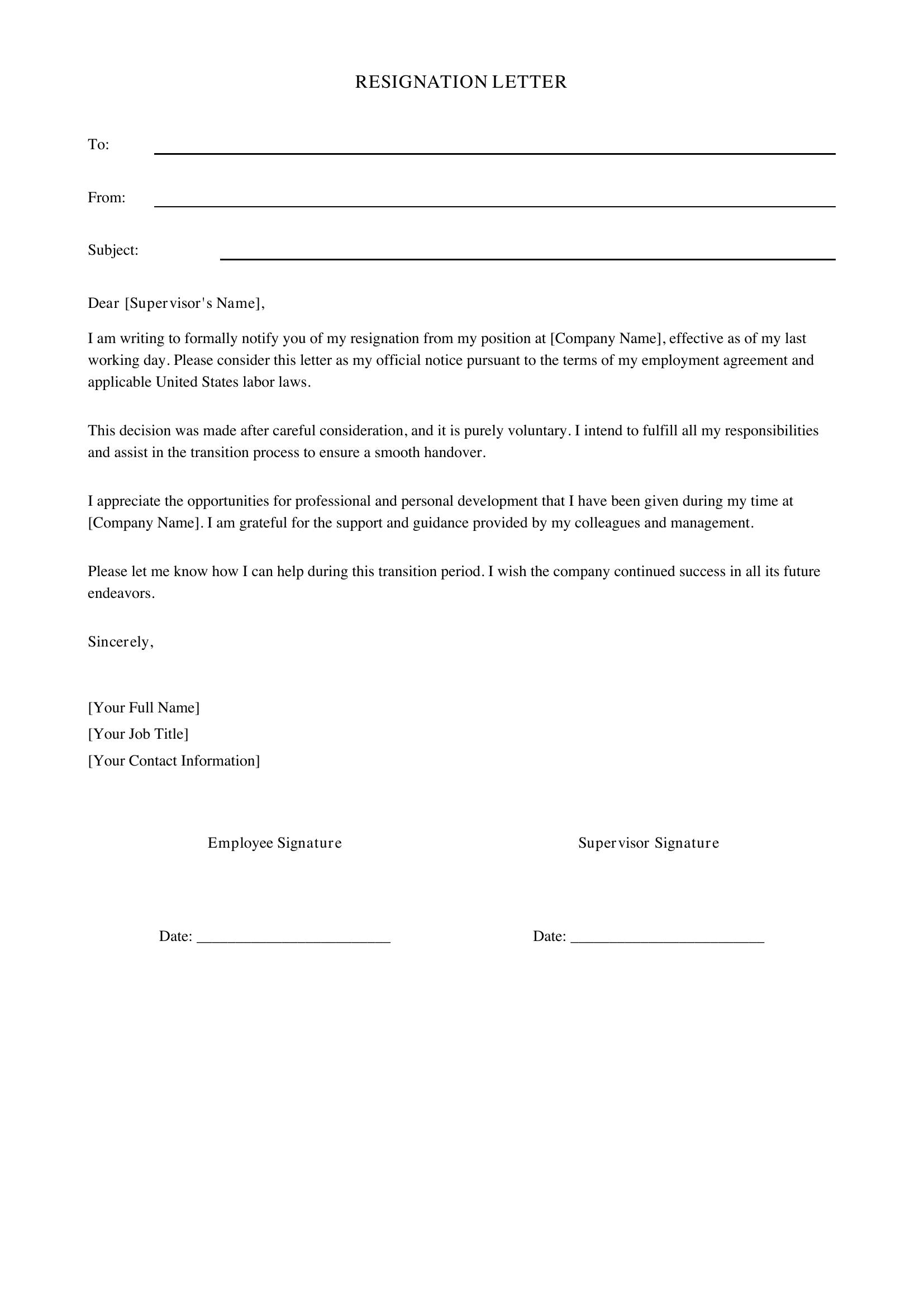 Of A Resignation Letter Template - US