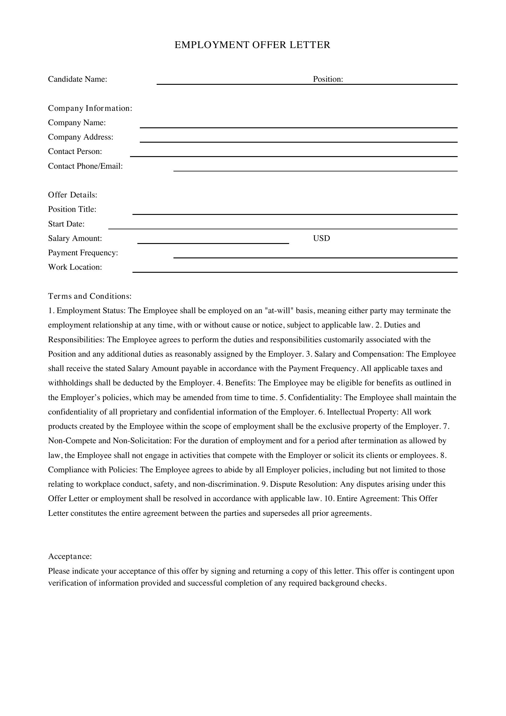 Offer Letter Email Template - US